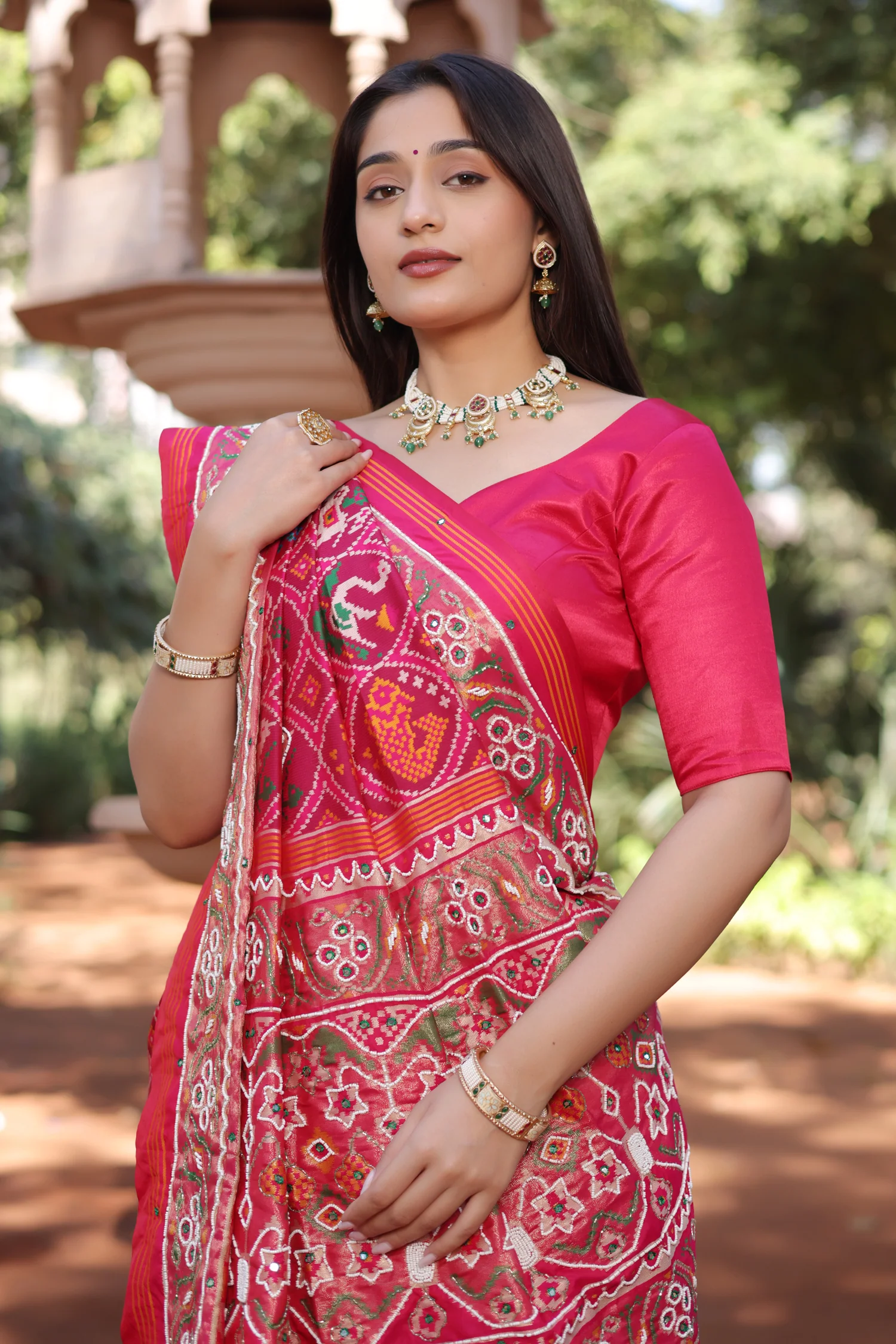Pink Silk Traditional Patola Saree with Bead Work - Image 3