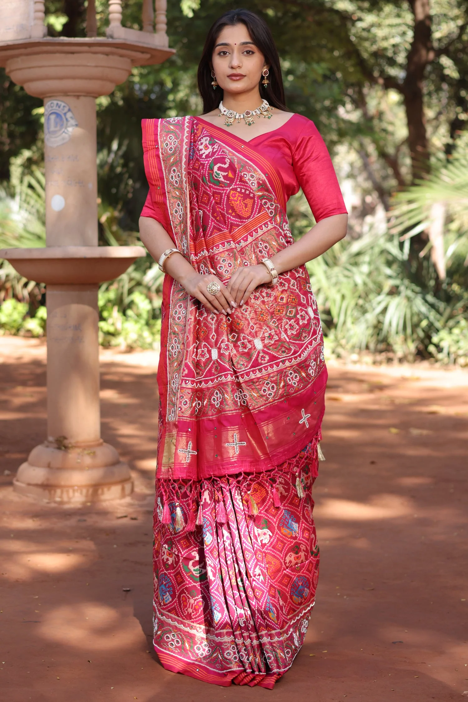 Pink Silk Traditional Patola Saree with Bead Work - Image 4