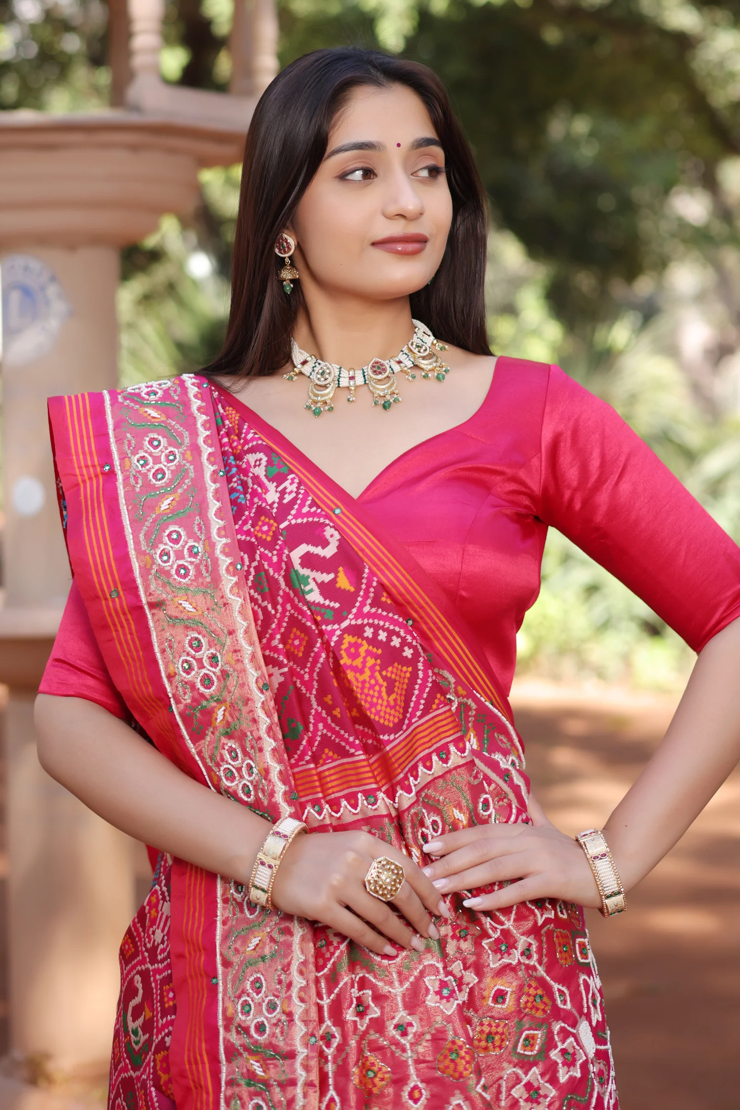 Pink Silk Traditional Patola Saree with Bead Work - Image 5