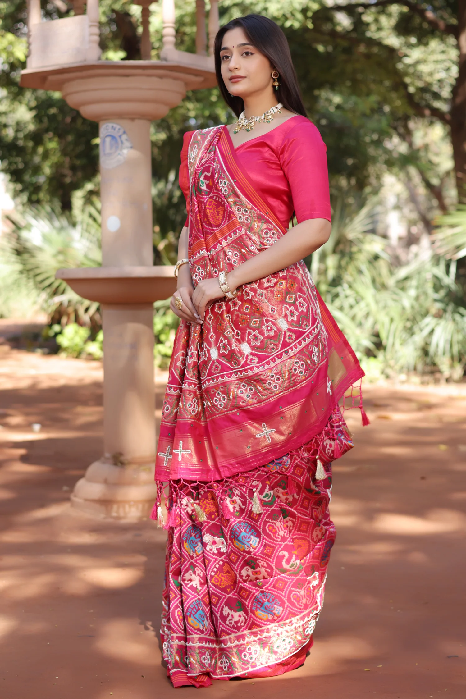 Pink Silk Traditional Patola Saree with Bead Work - Image 6