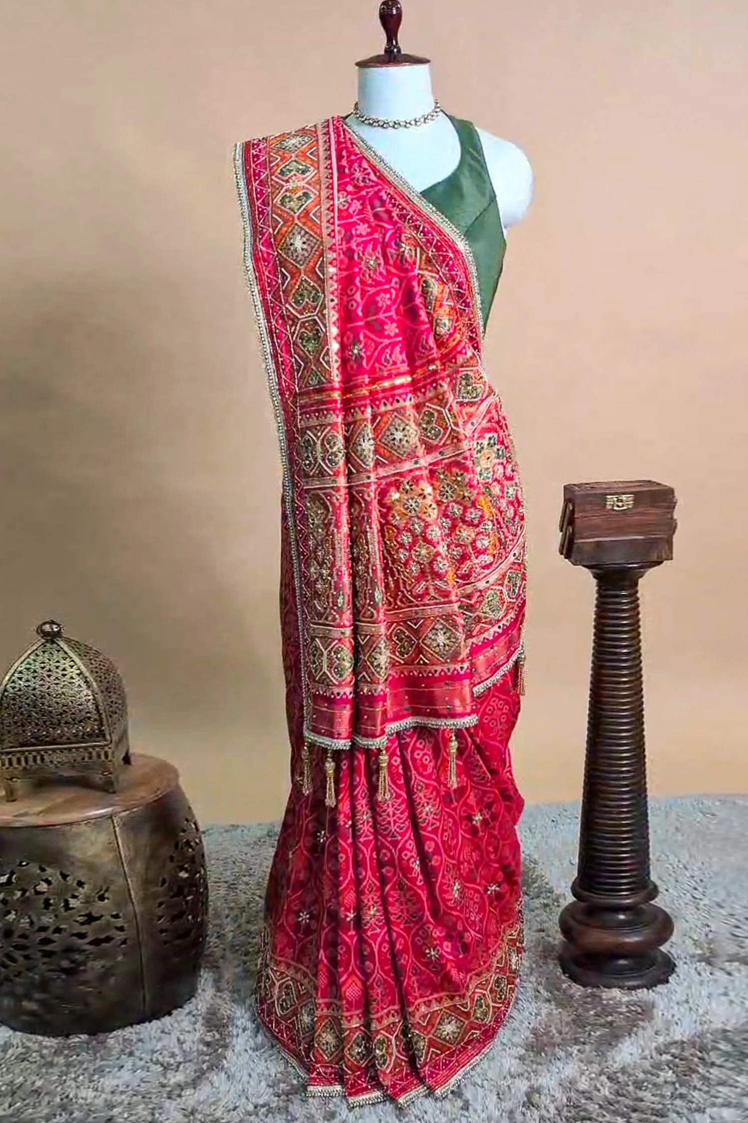 Pink Silk Traditional Woven Patola Saree with Cutdana and Beads Work - Image 2
