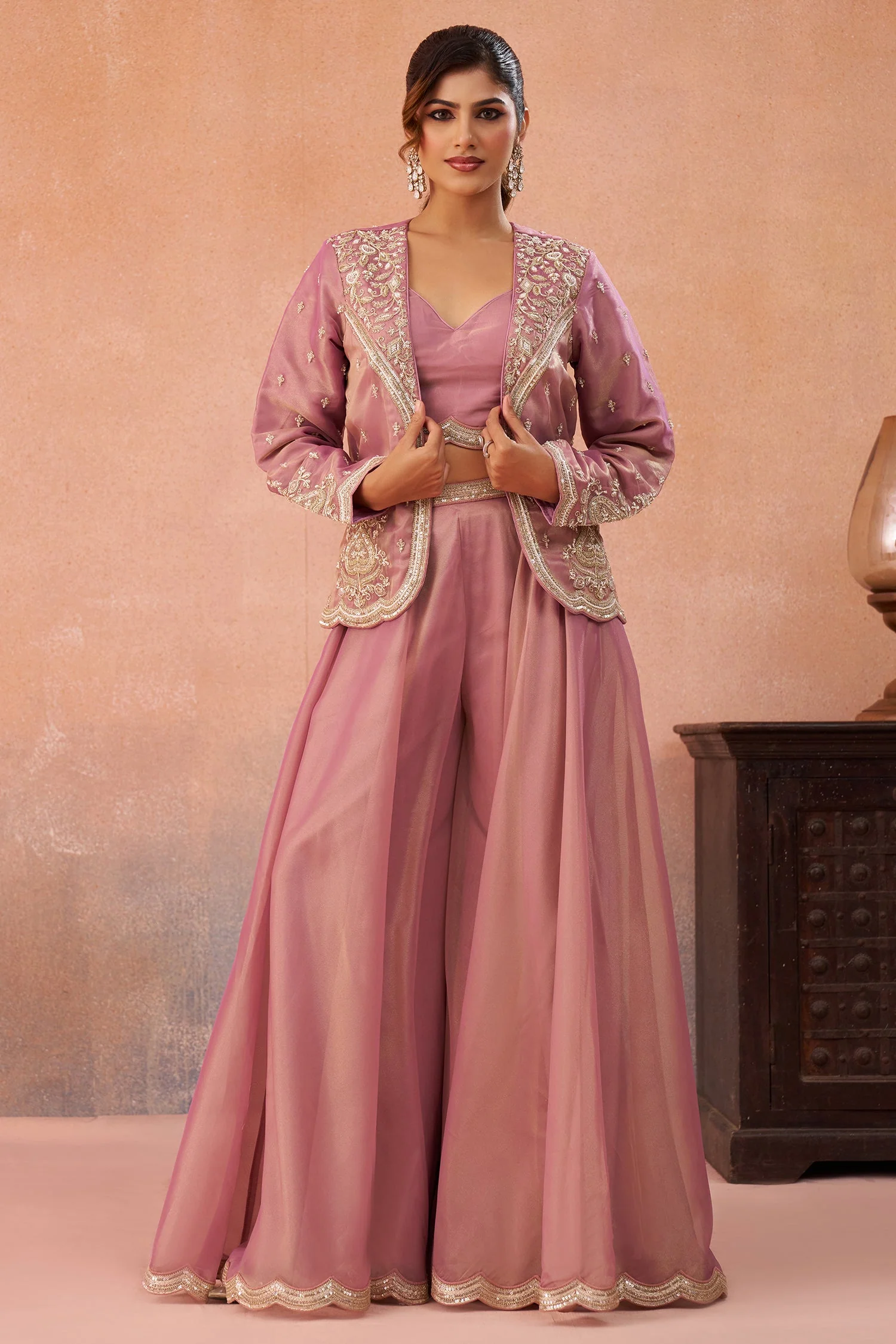 Pink Tissue Crop Top with Embroidered Jacket and Flared Palazzo Set - Image 3