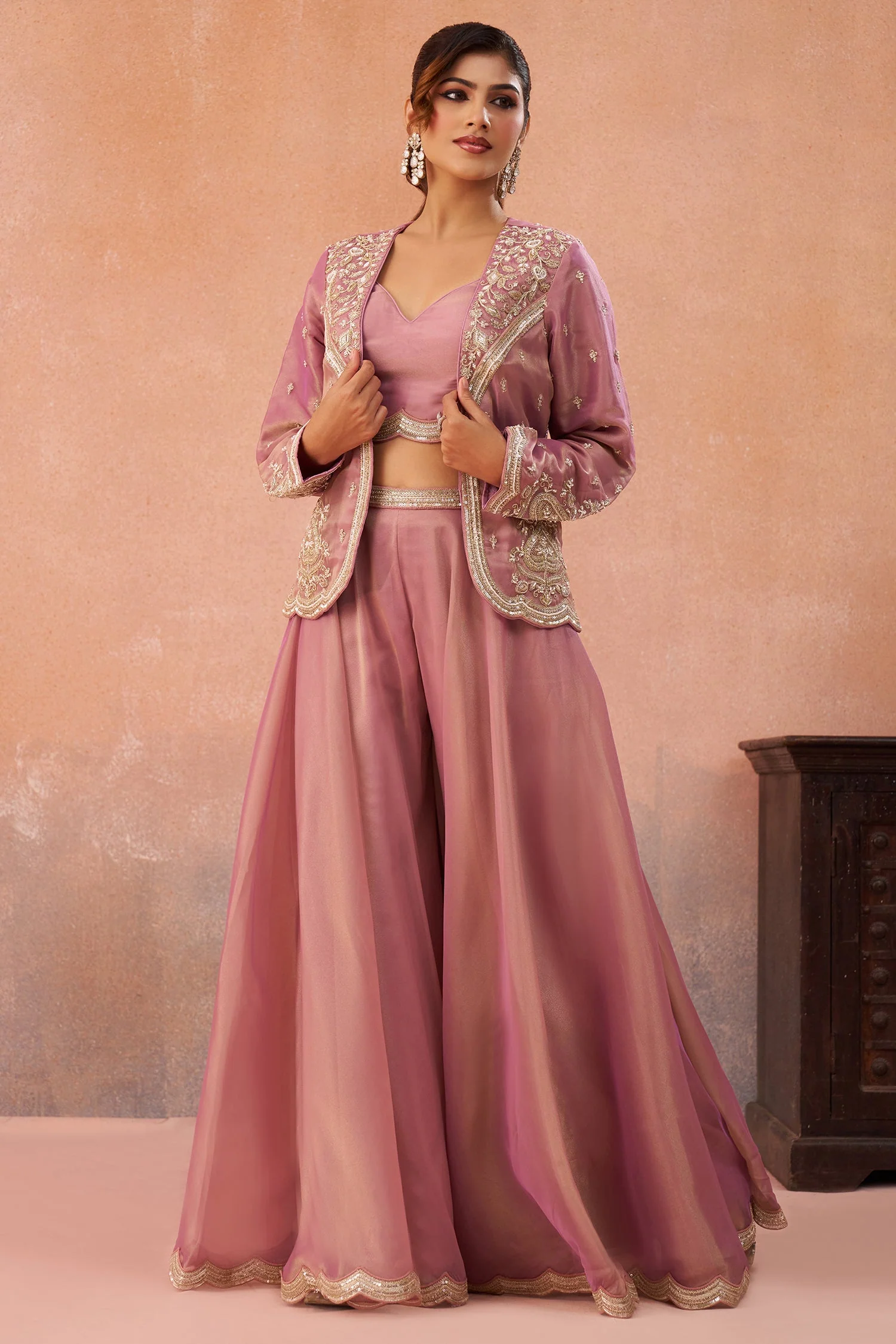 Pink Tissue Crop Top with Embroidered Jacket and Flared Palazzo Set - Image 4