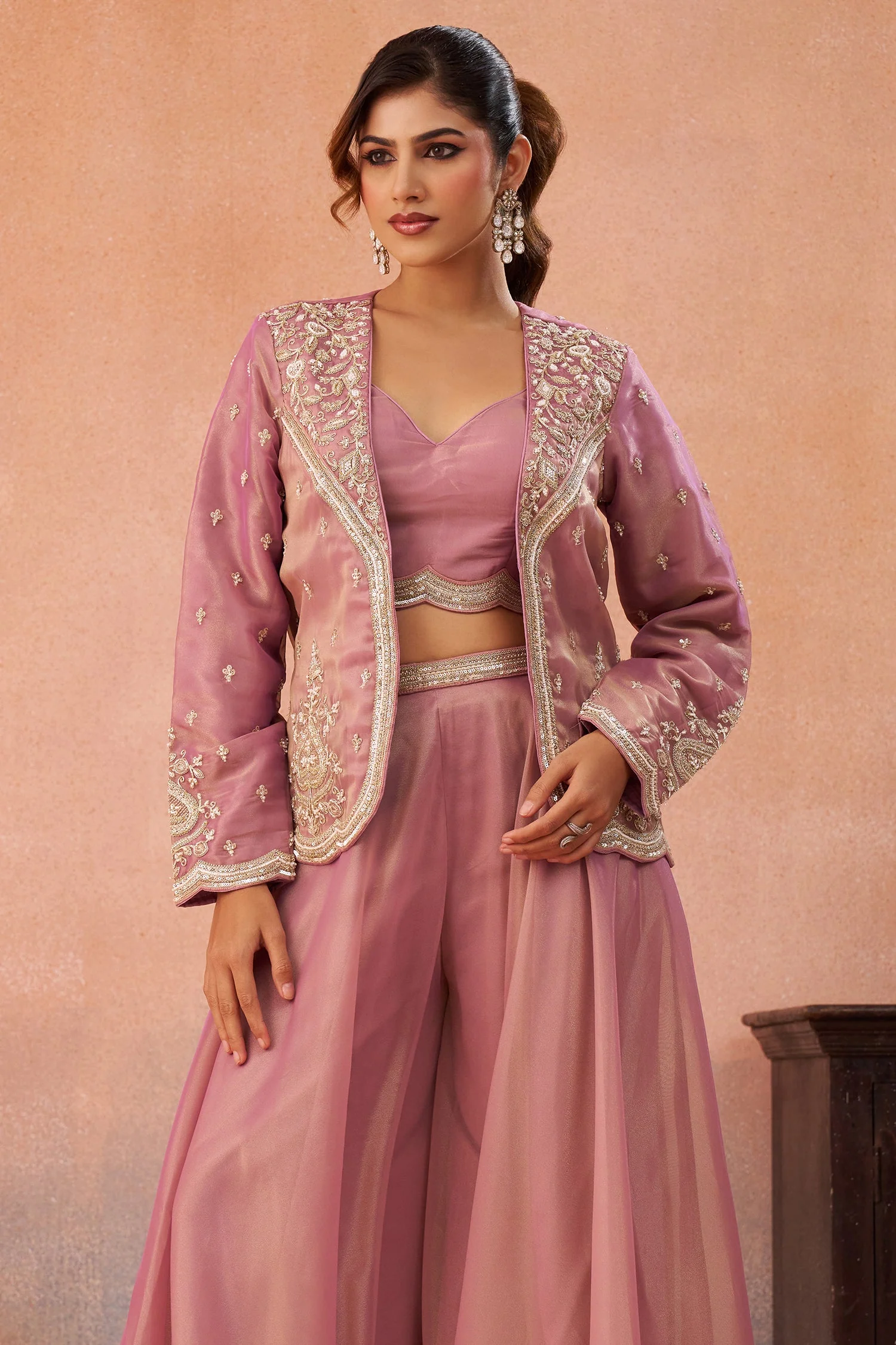 Pink Tissue Crop Top with Embroidered Jacket and Flared Palazzo Set - Image 5