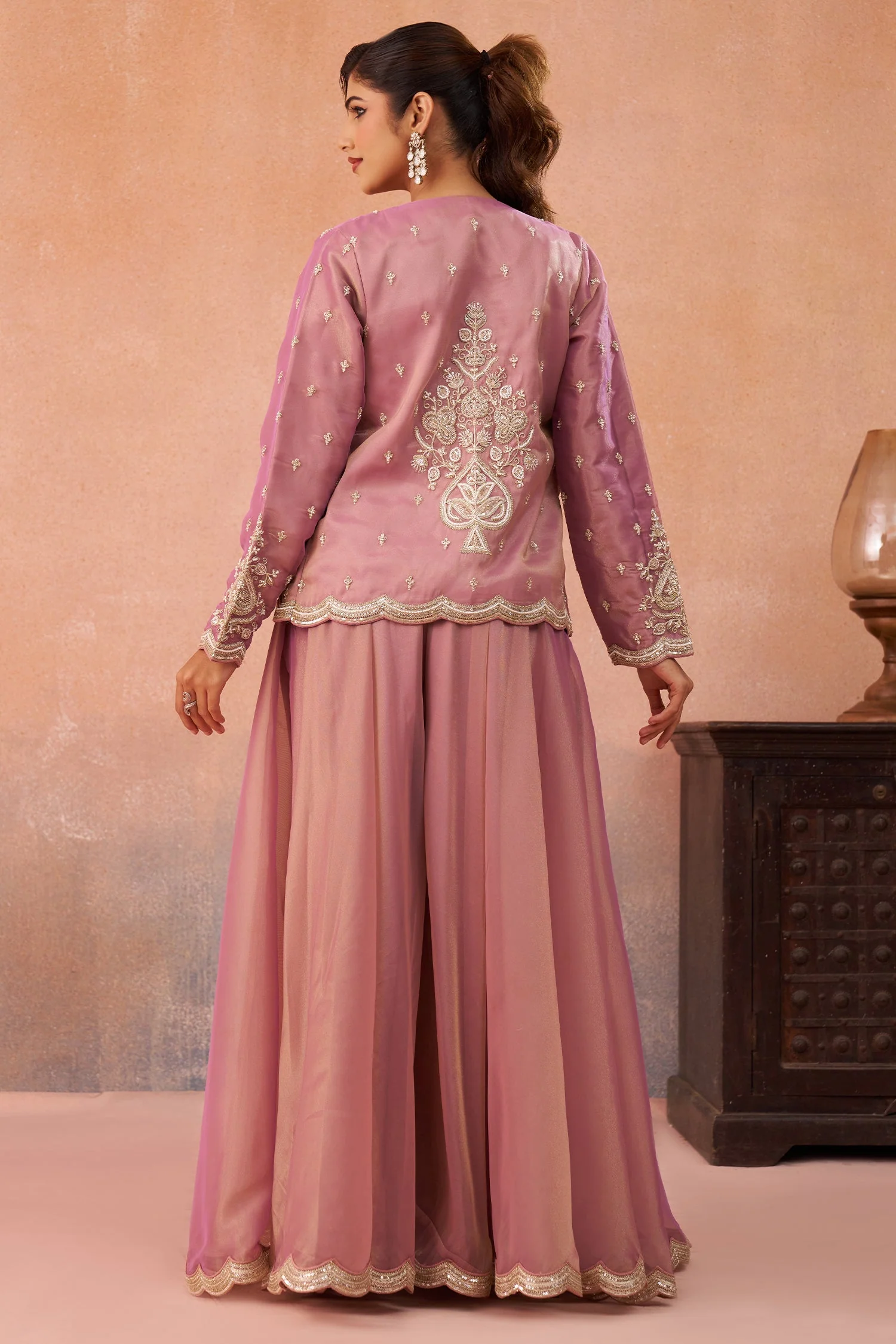 Pink Tissue Crop Top with Embroidered Jacket and Flared Palazzo Set - Image 6