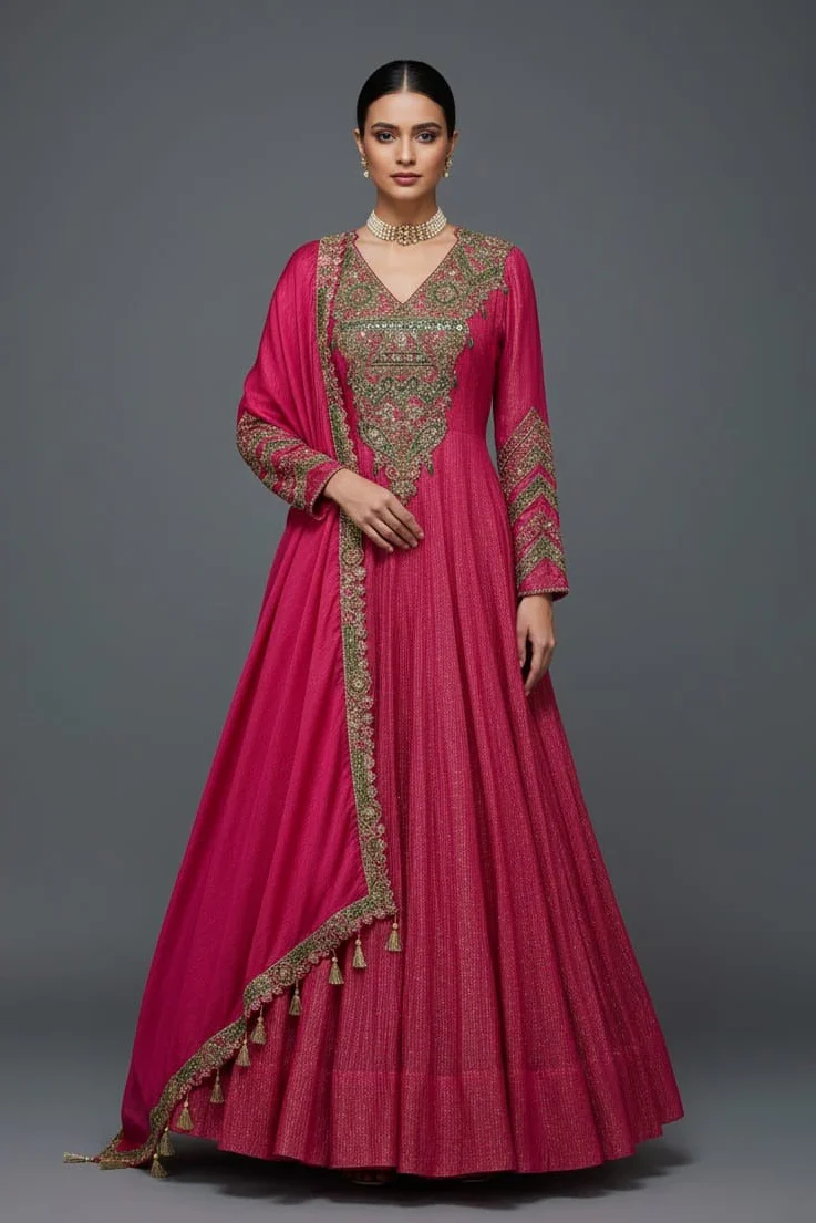 Pink Tissue Crush Handworked Anrakali Suit with Dupatta