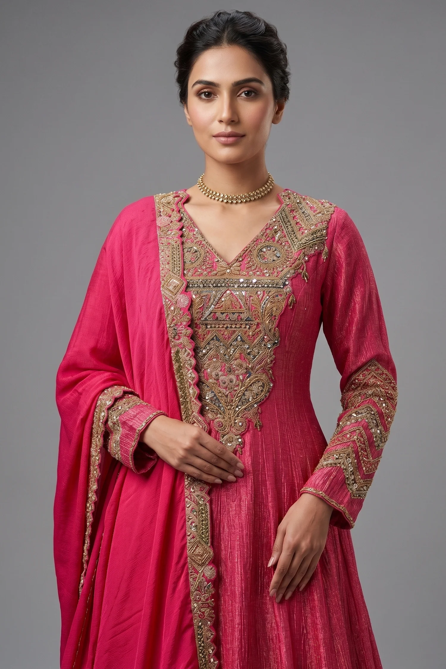 Pink Tissue Crush Handworked Anrakali Suit with Dupatta - Image 2