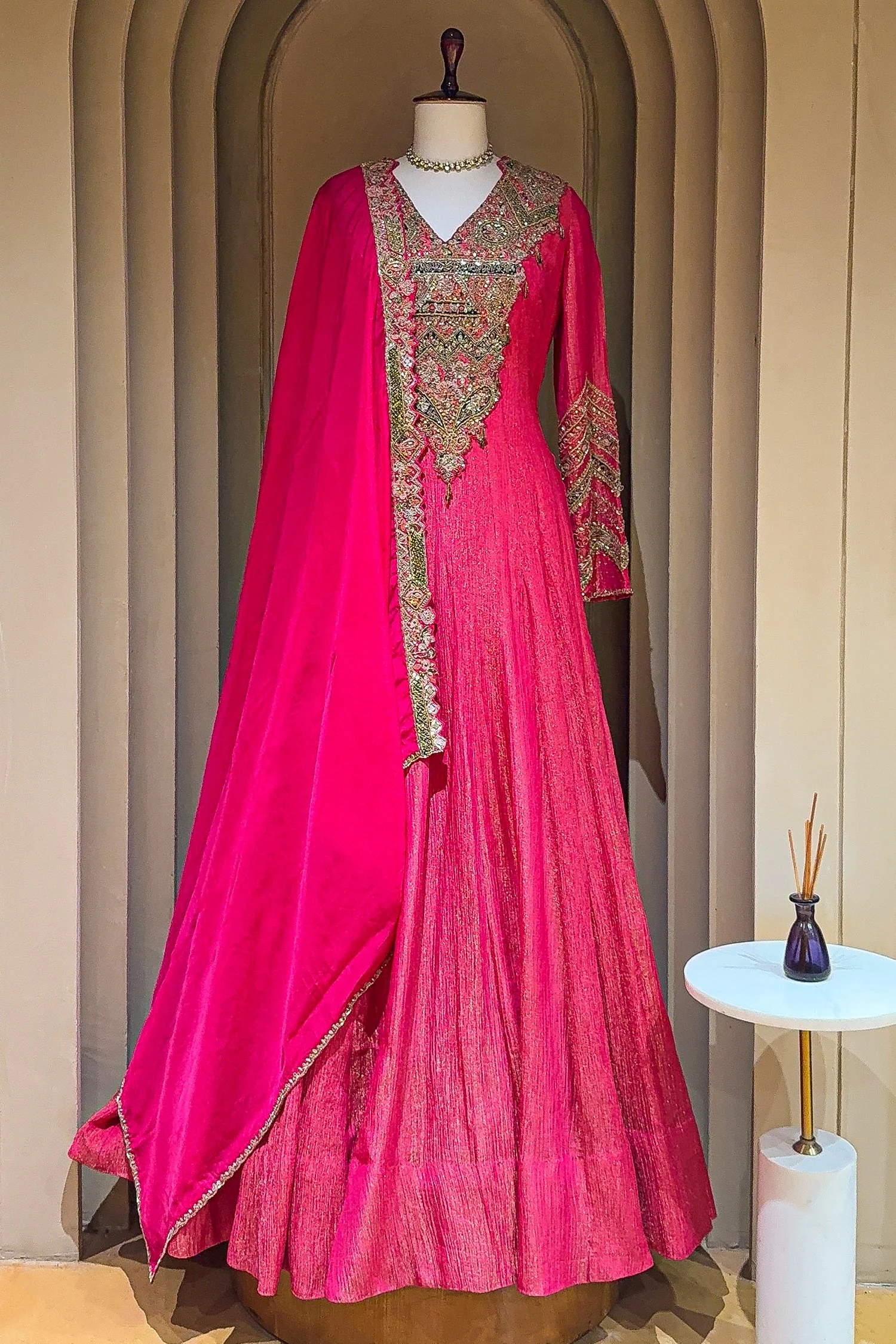 Pink Tissue Crush Handworked Anrakali Suit with Dupatta - Image 3