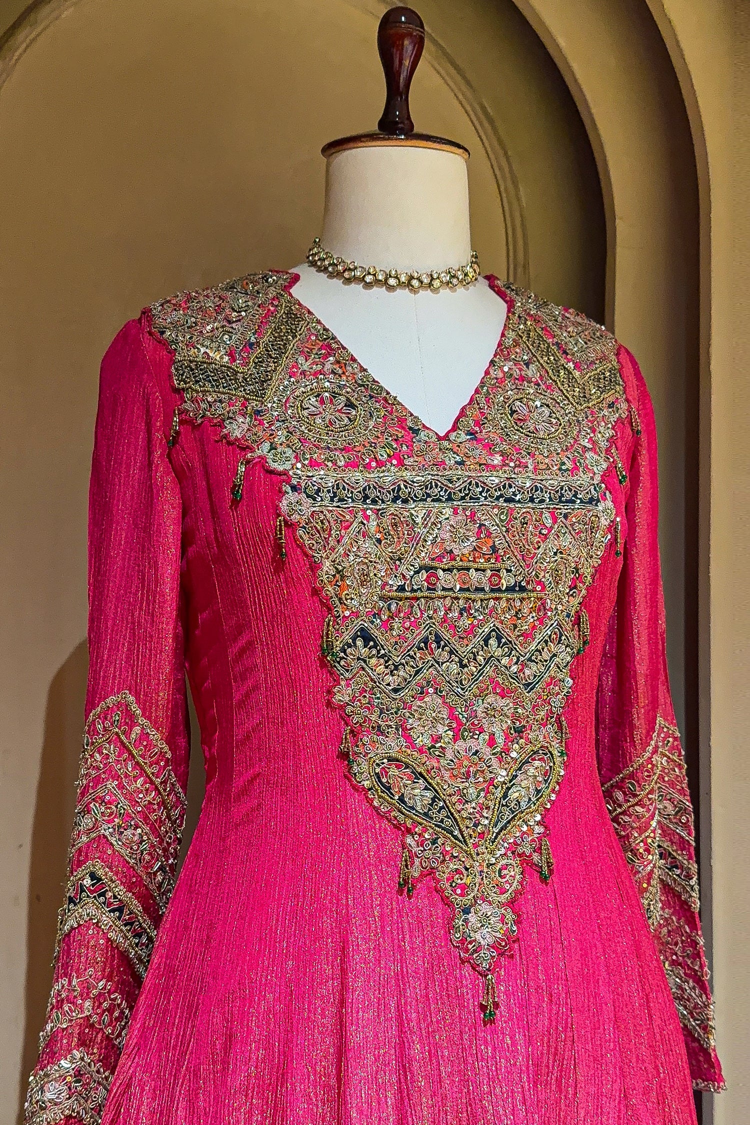 Pink Tissue Crush Handworked Anrakali Suit with Dupatta - Image 4