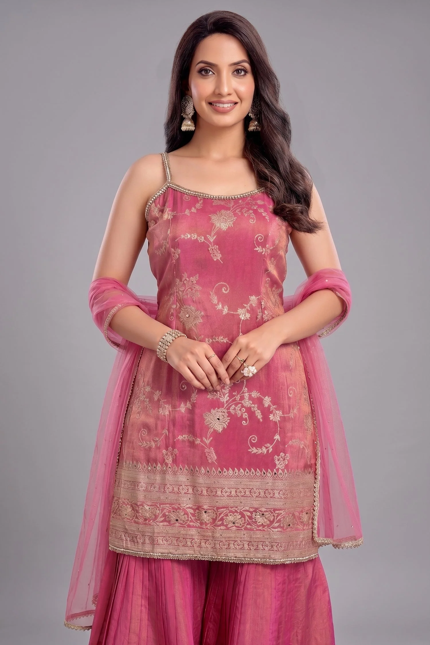 Pink Tissue Floral Woven Sharara Suit - Image 2