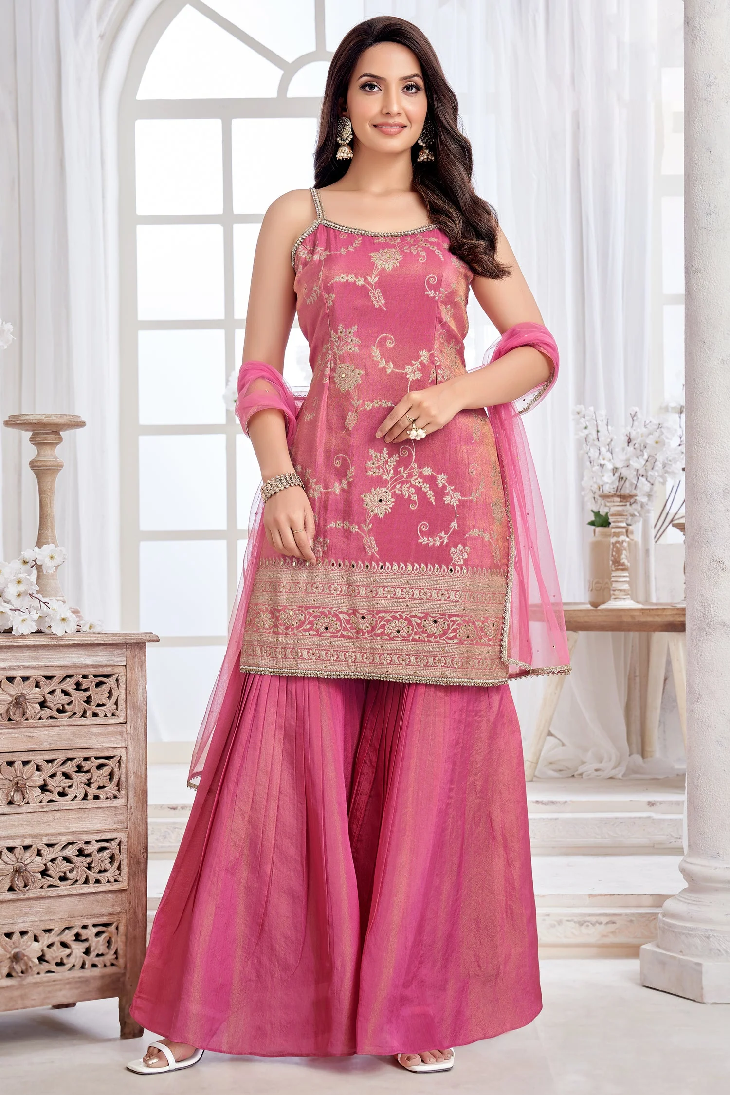 Pink Tissue Floral Woven Sharara Suit - Image 3