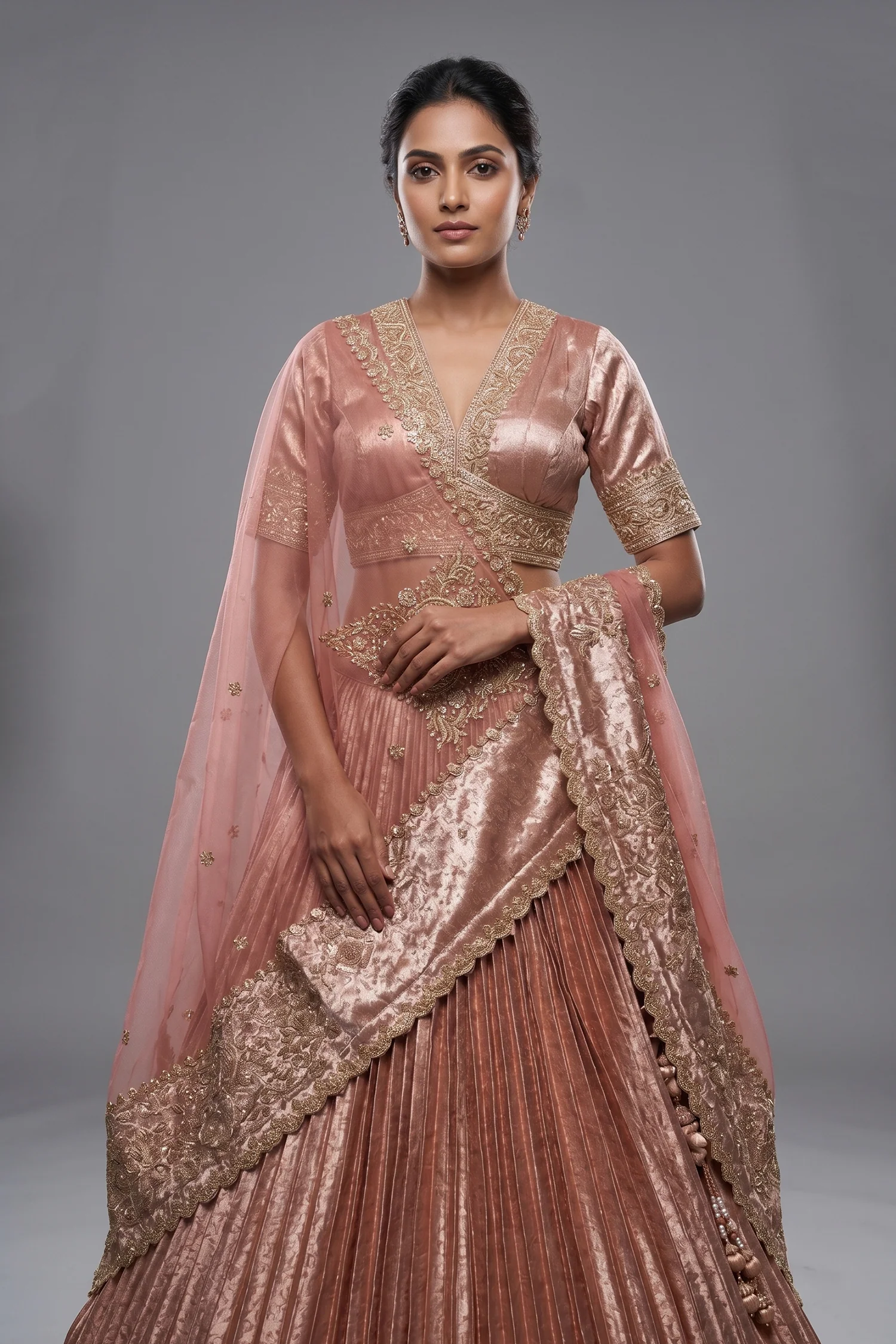 Pink Tissue Pleated Lehenga with Zardosi and Beads Work - Image 2