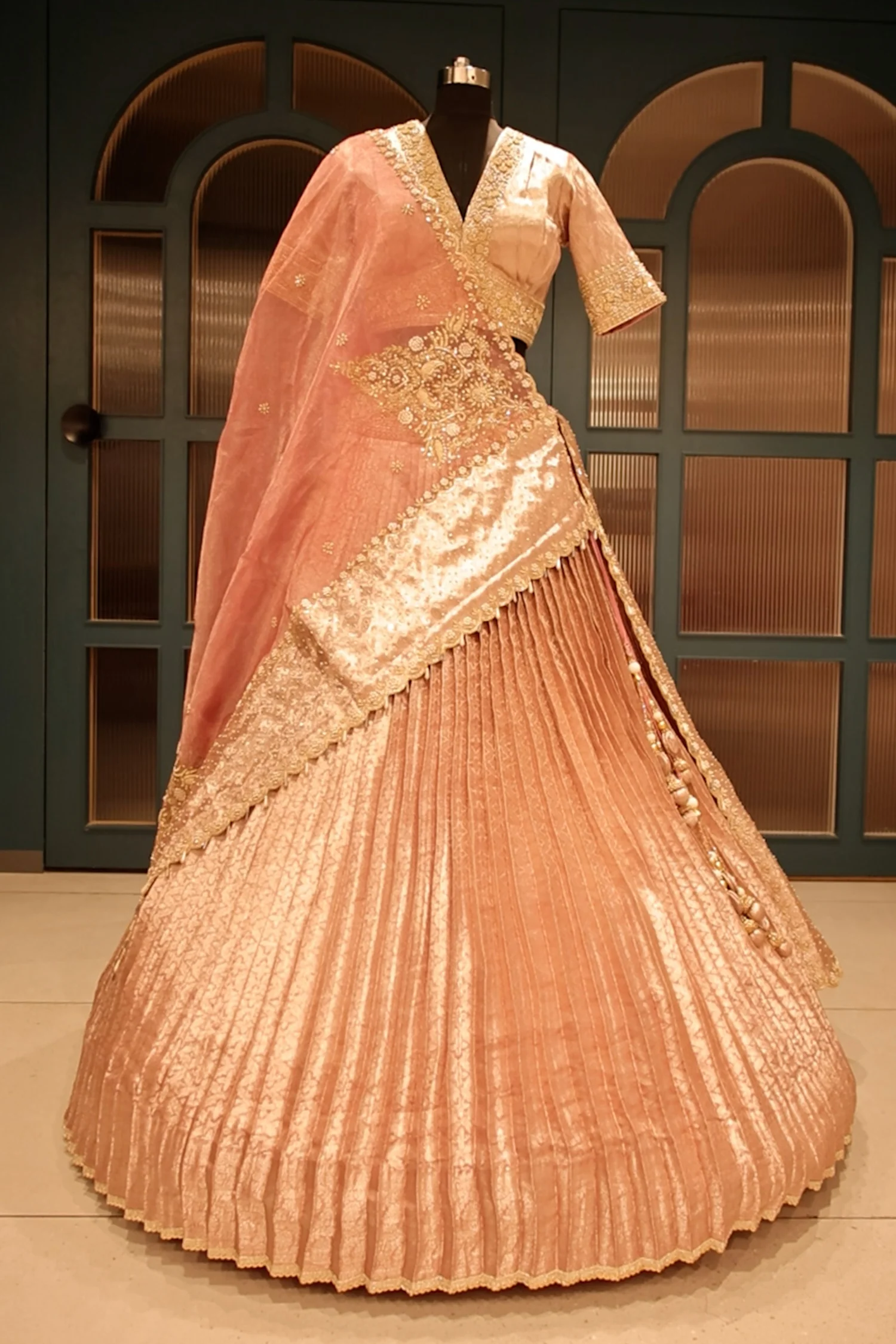 Pink Tissue Pleated Lehenga with Zardosi and Beads Work - Image 3
