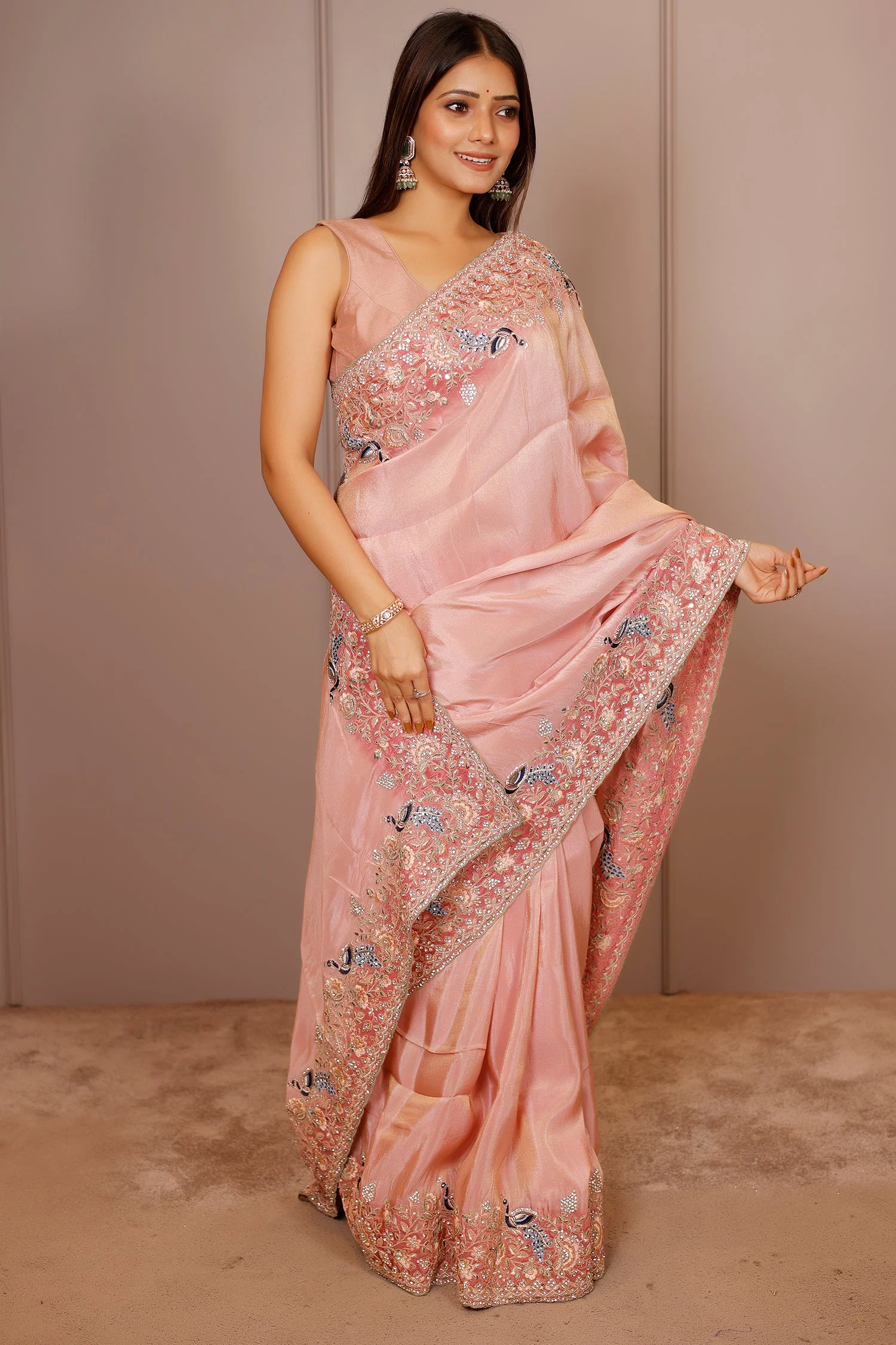 Pink Tissue Resham Embroidered and Diamond Worked Saree - Image 2