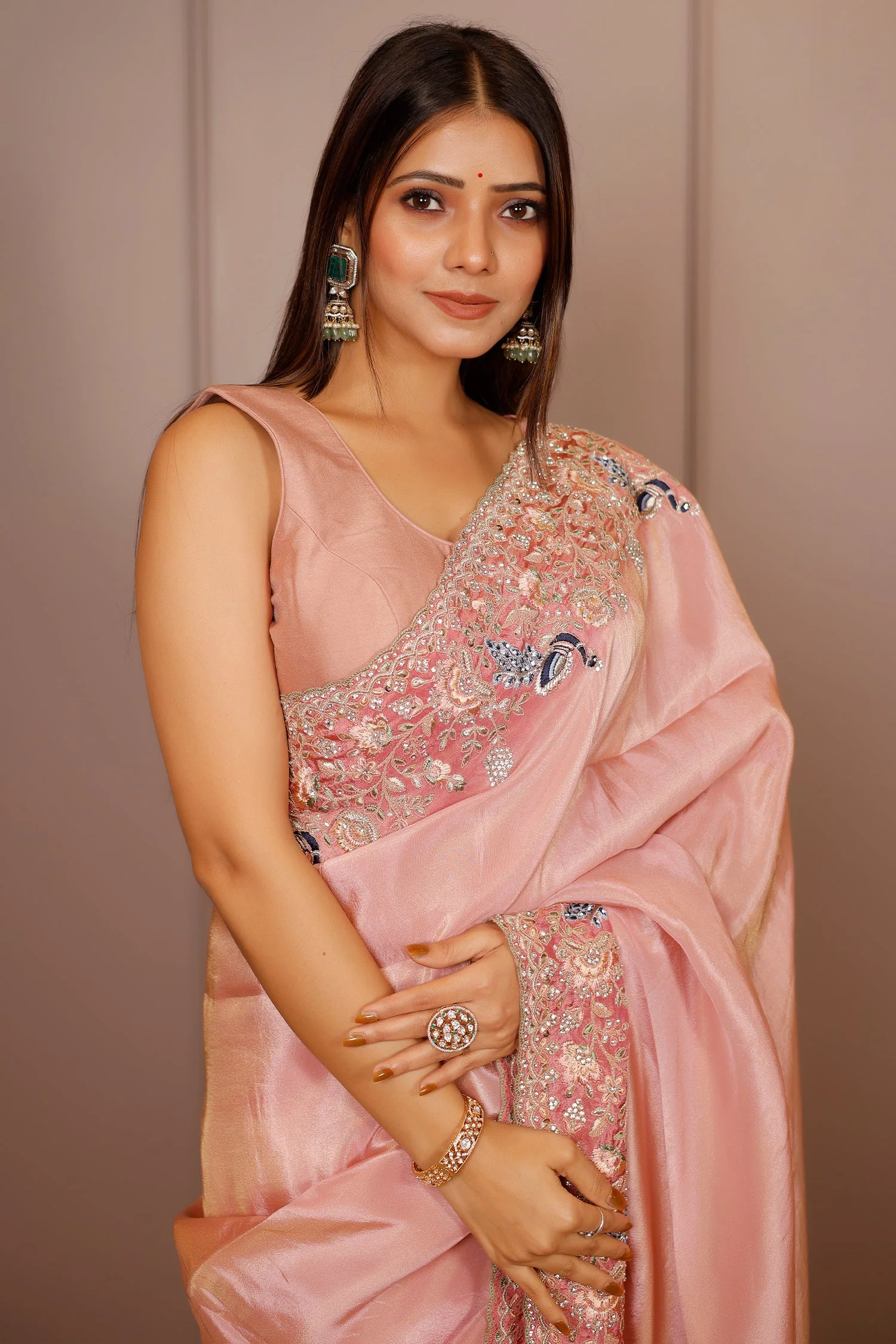 Pink Tissue Resham Embroidered and Diamond Worked Saree - Image 3