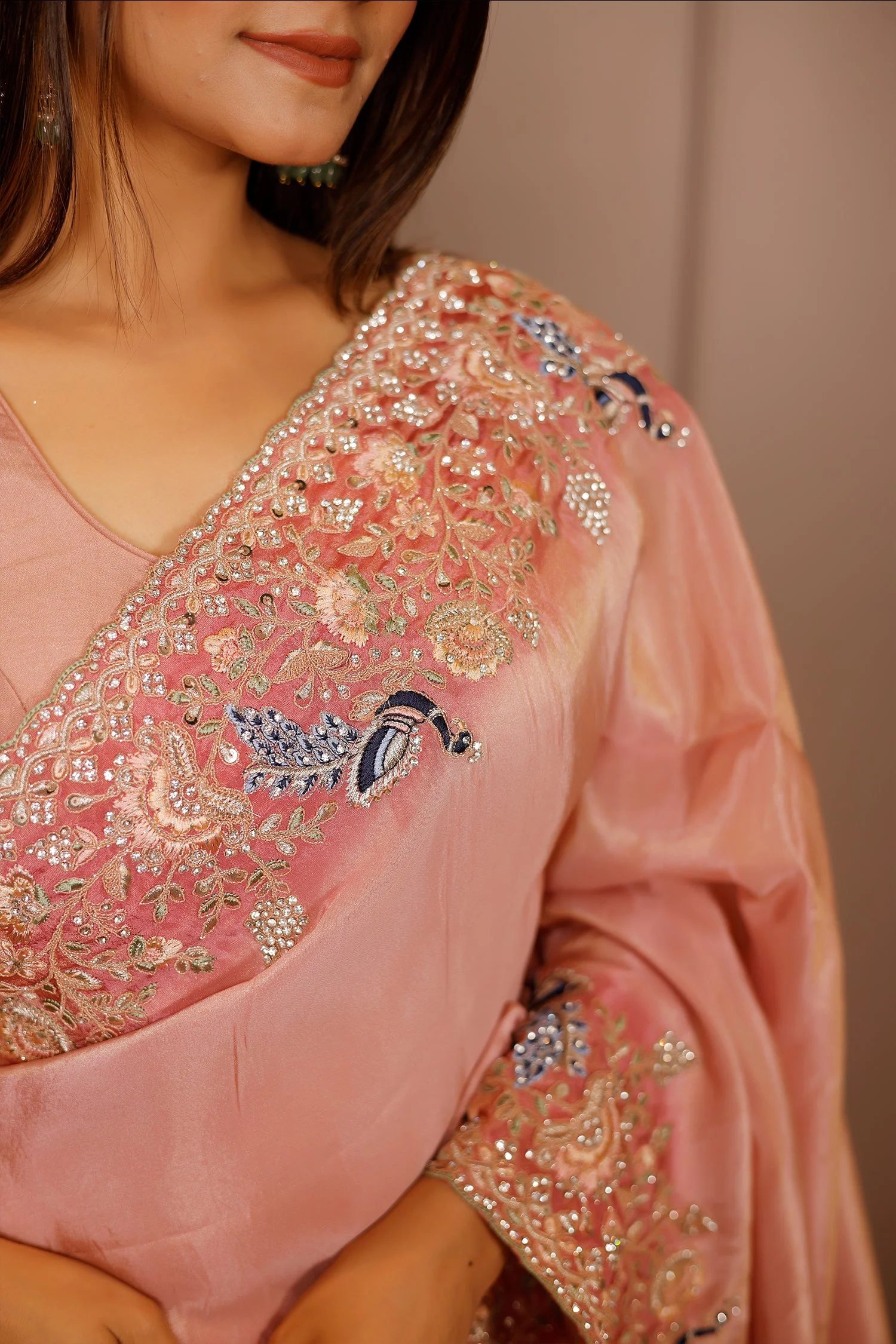Pink Tissue Resham Embroidered and Diamond Worked Saree - Image 4