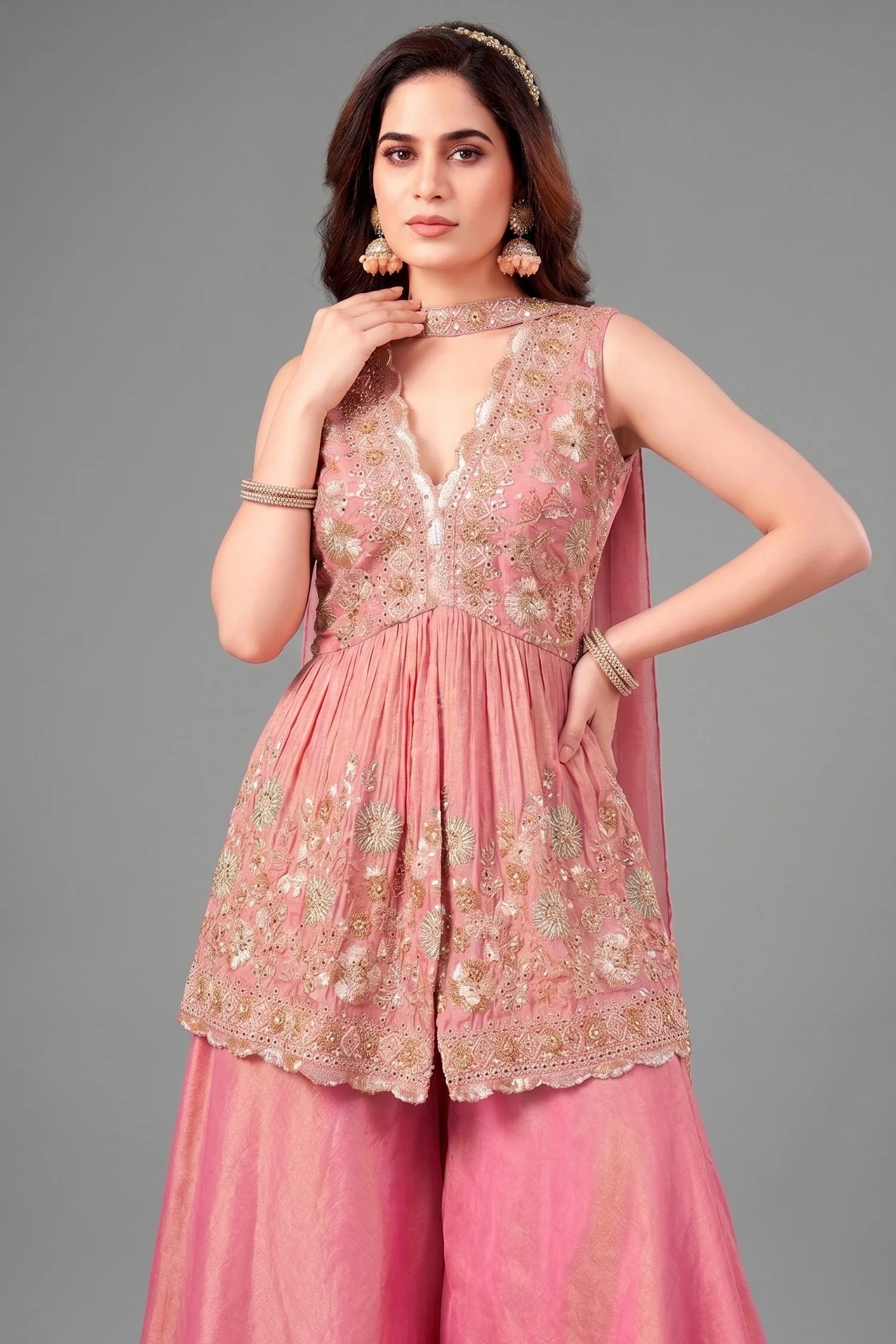 Pink Tissue Silk Beads and Cutdana Worked Peplum Palazzo Suit - Image 2