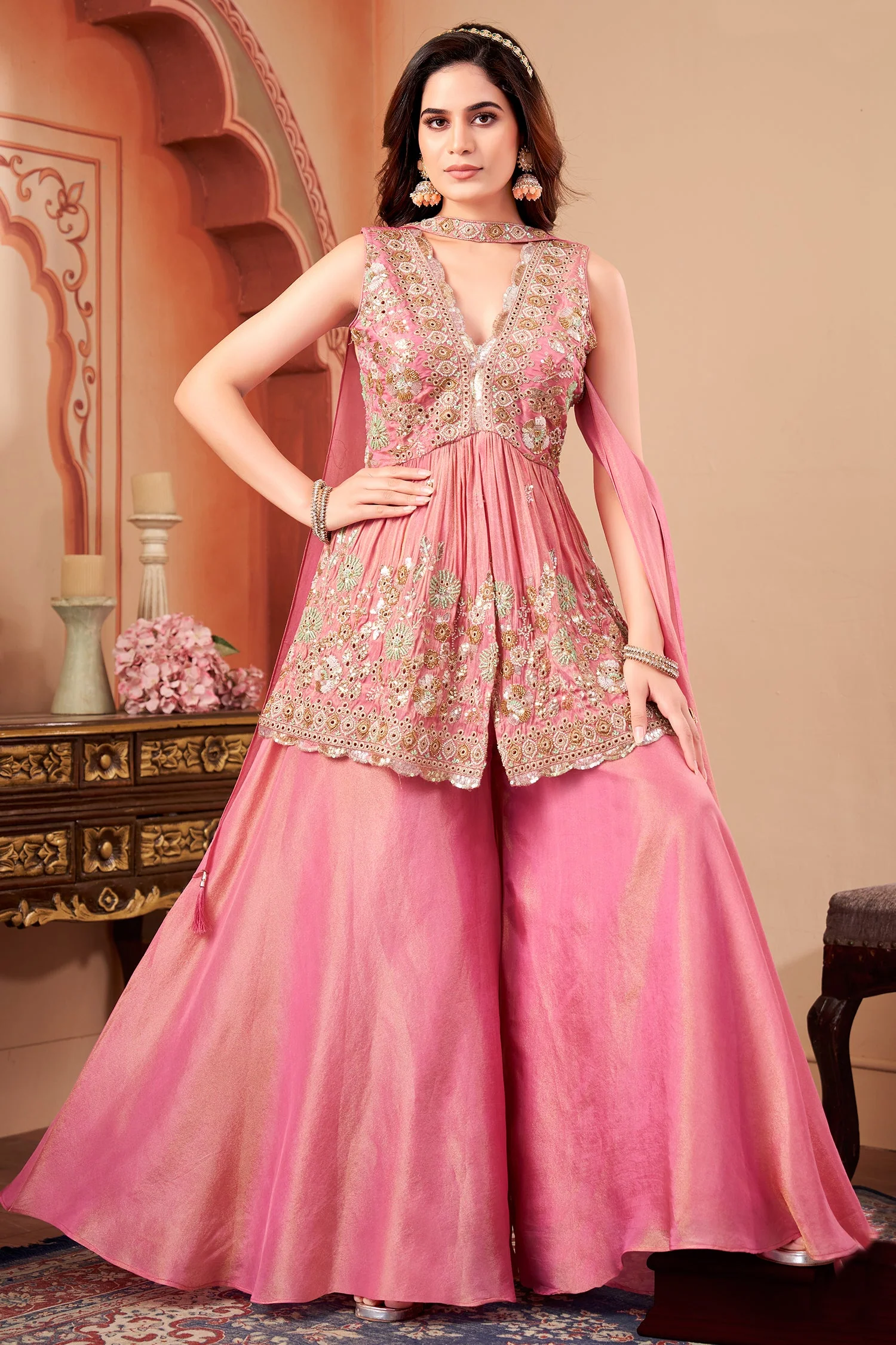 Pink Tissue Silk Beads and Cutdana Worked Peplum Palazzo Suit - Image 3