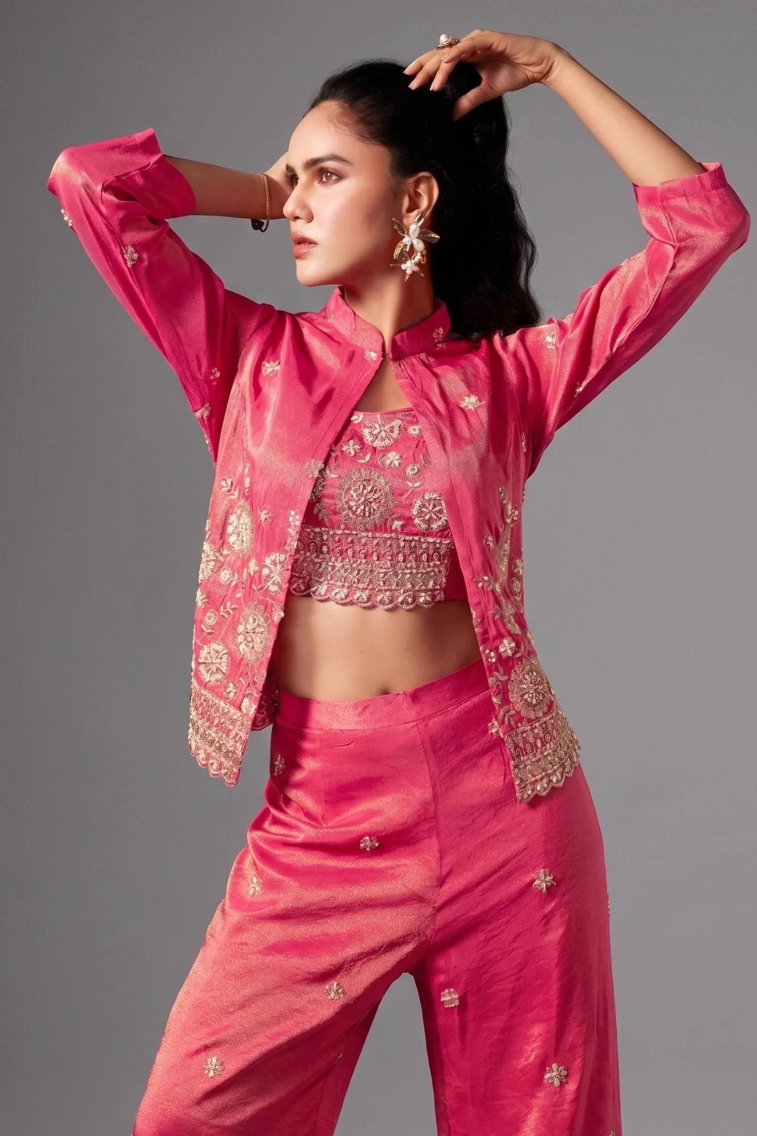 Pink Tissue Silk Crop Top Palazzo Set with Sequin Beaded Jacket - Image 2