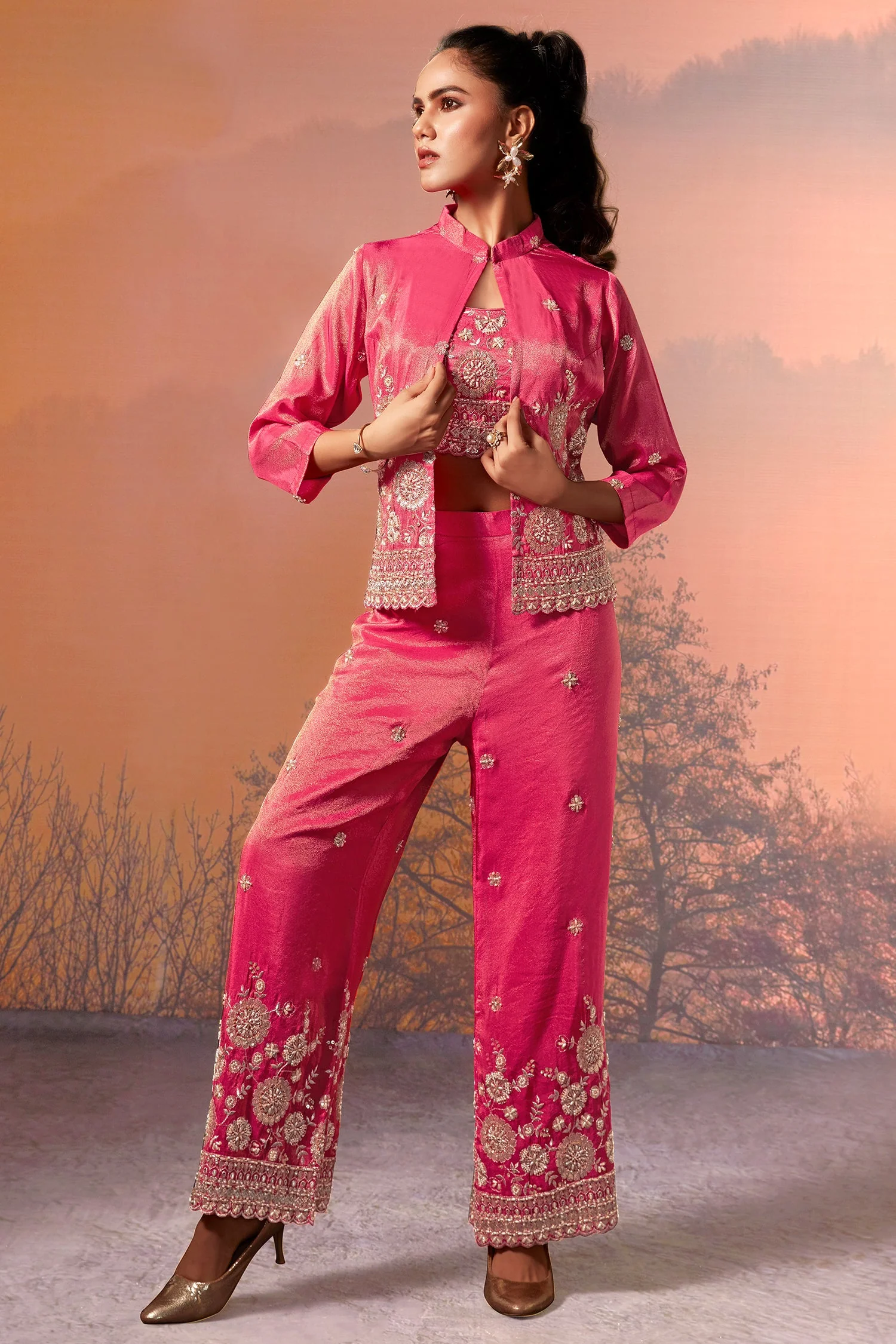 Pink Tissue Silk Crop Top Palazzo Set with Sequin Beaded Jacket - Image 3