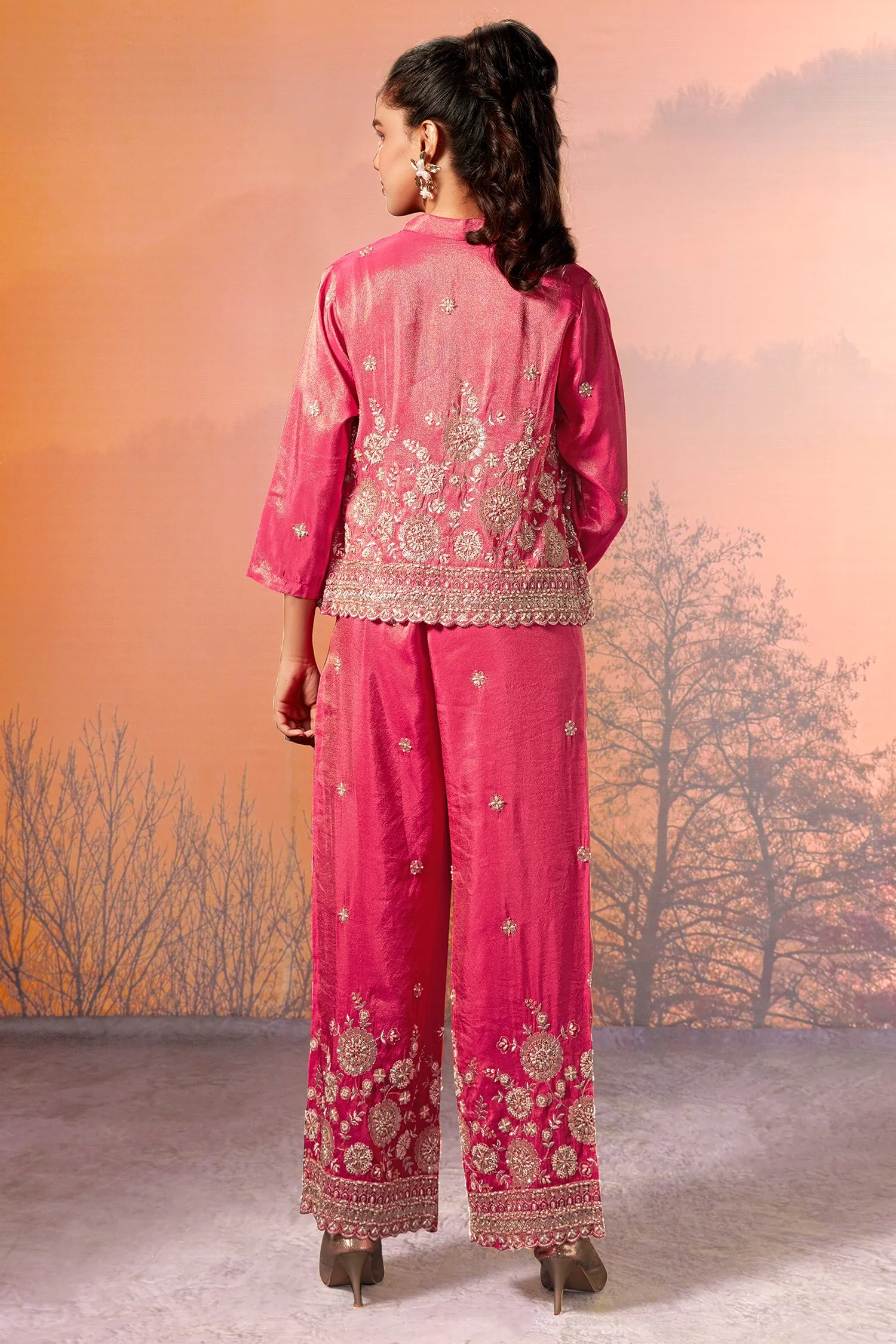 Pink Tissue Silk Crop Top Palazzo Set with Sequin Beaded Jacket - Image 4