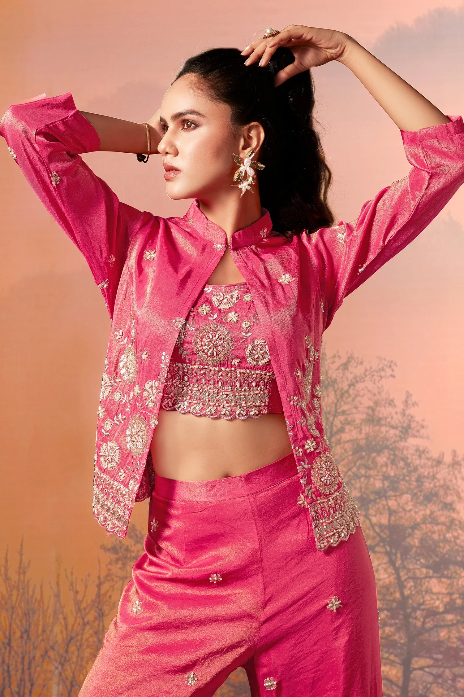 Pink Tissue Silk Crop Top Palazzo Set with Sequin Beaded Jacket - Image 5
