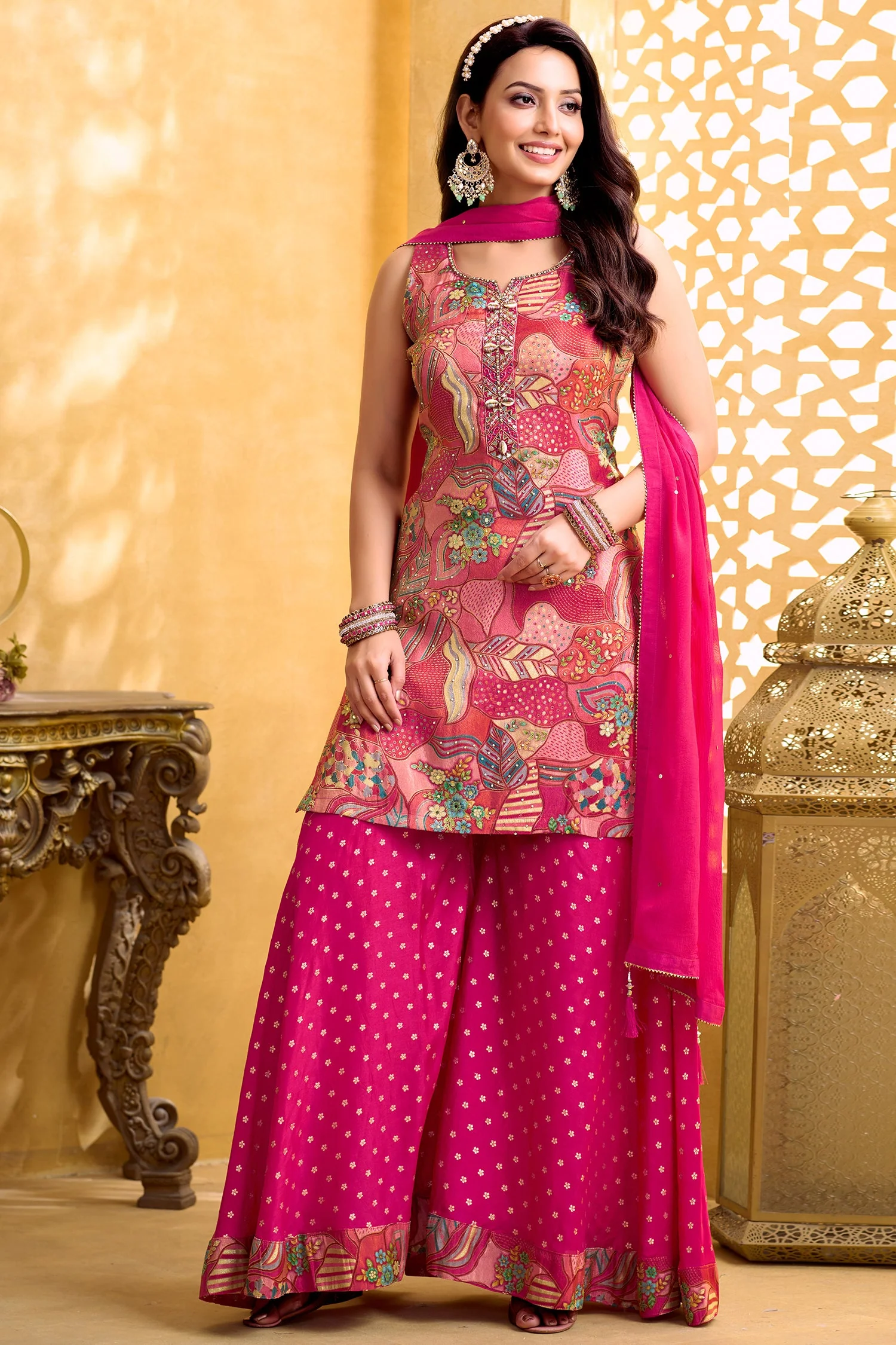 Pink Tissue Silk Printed Palazzo Suit - Image 3