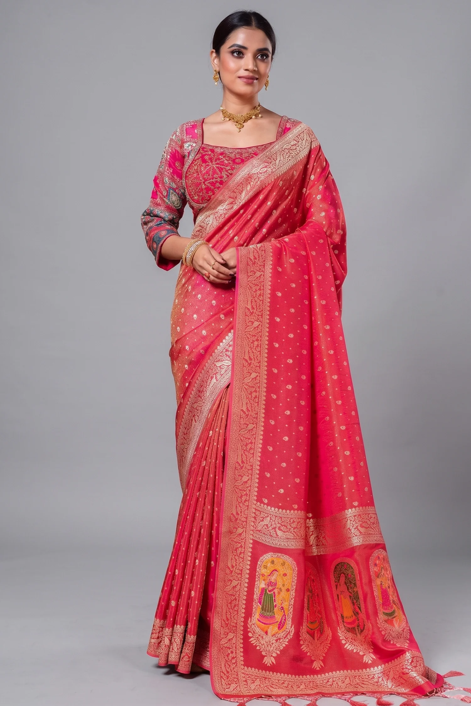 Pink Tissue Silk Woven Saree with Full Sleeved Handworked Readymade Blouse