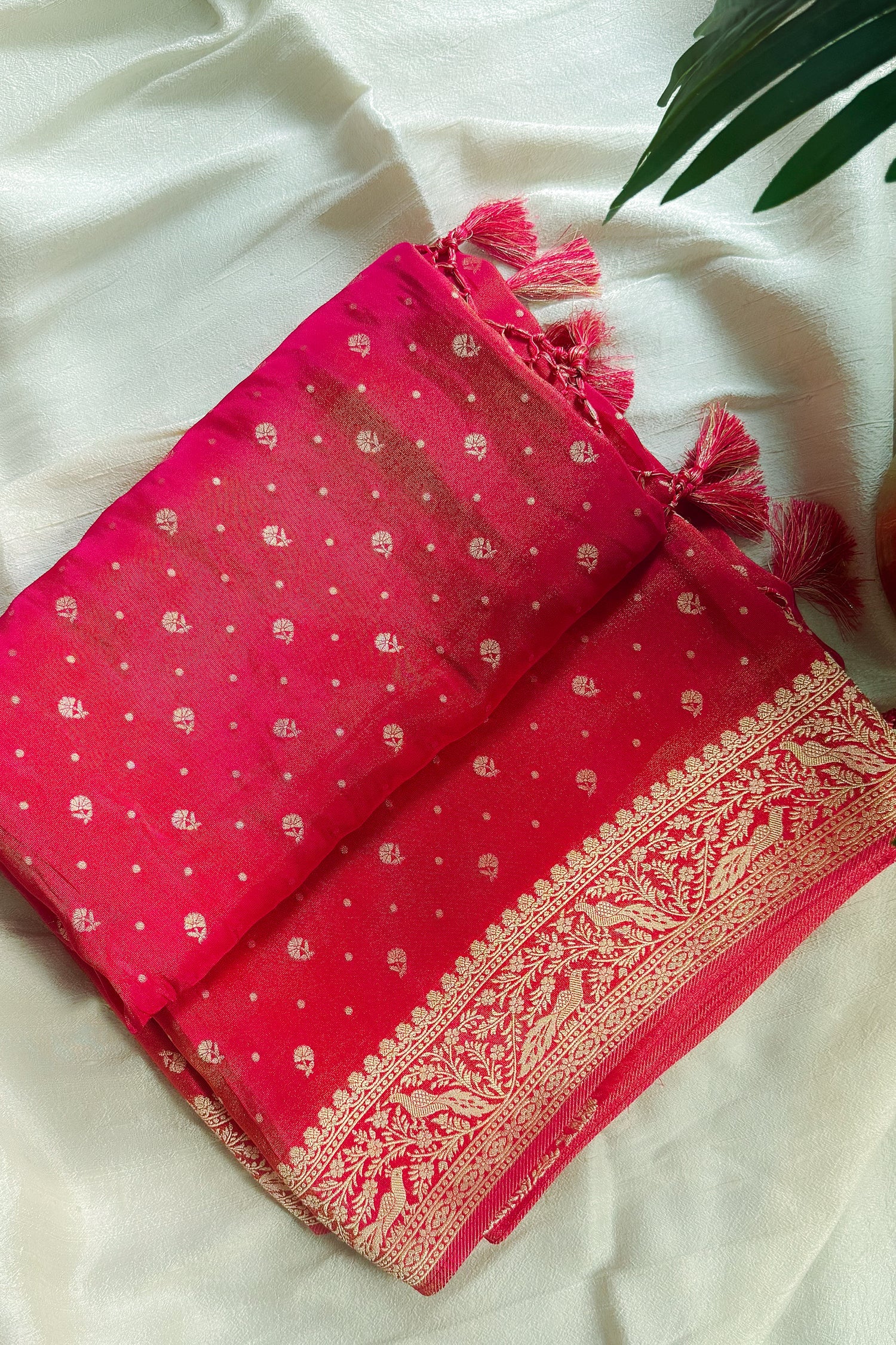 Pink Tissue Silk Woven Saree with Full Sleeved Handworked Readymade Blouse - Image 2