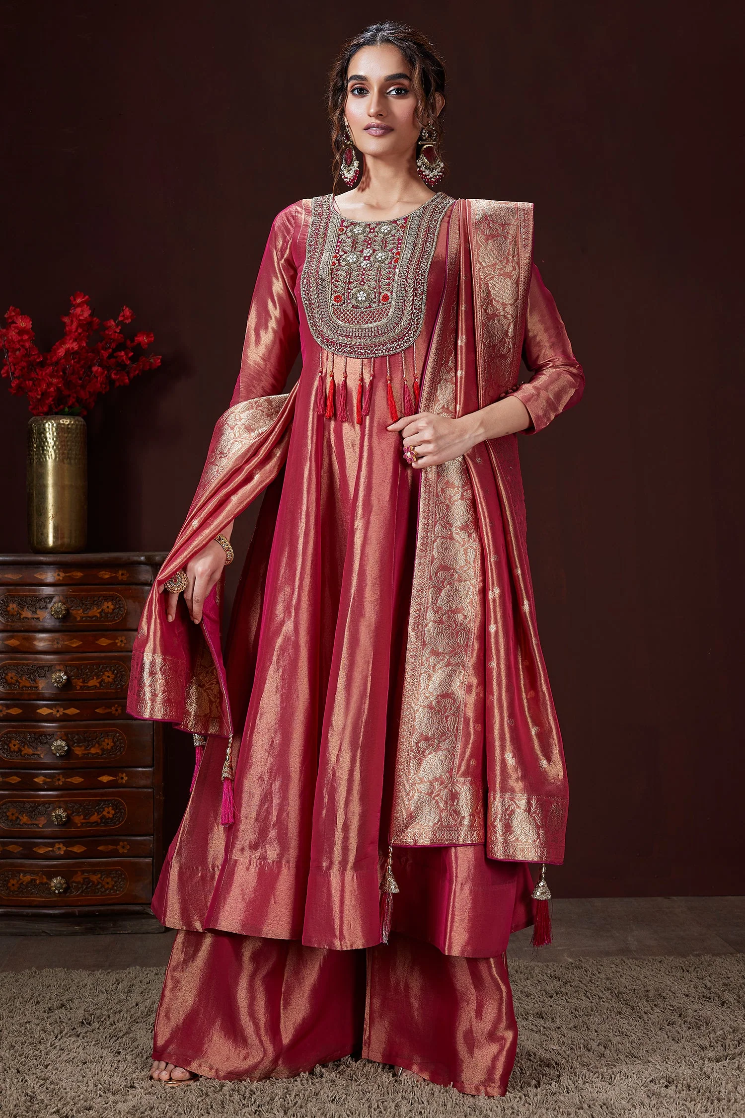 Pink Tissue Zardosi and Sequin Worked Anarkali Palazzo Suit - Image 2