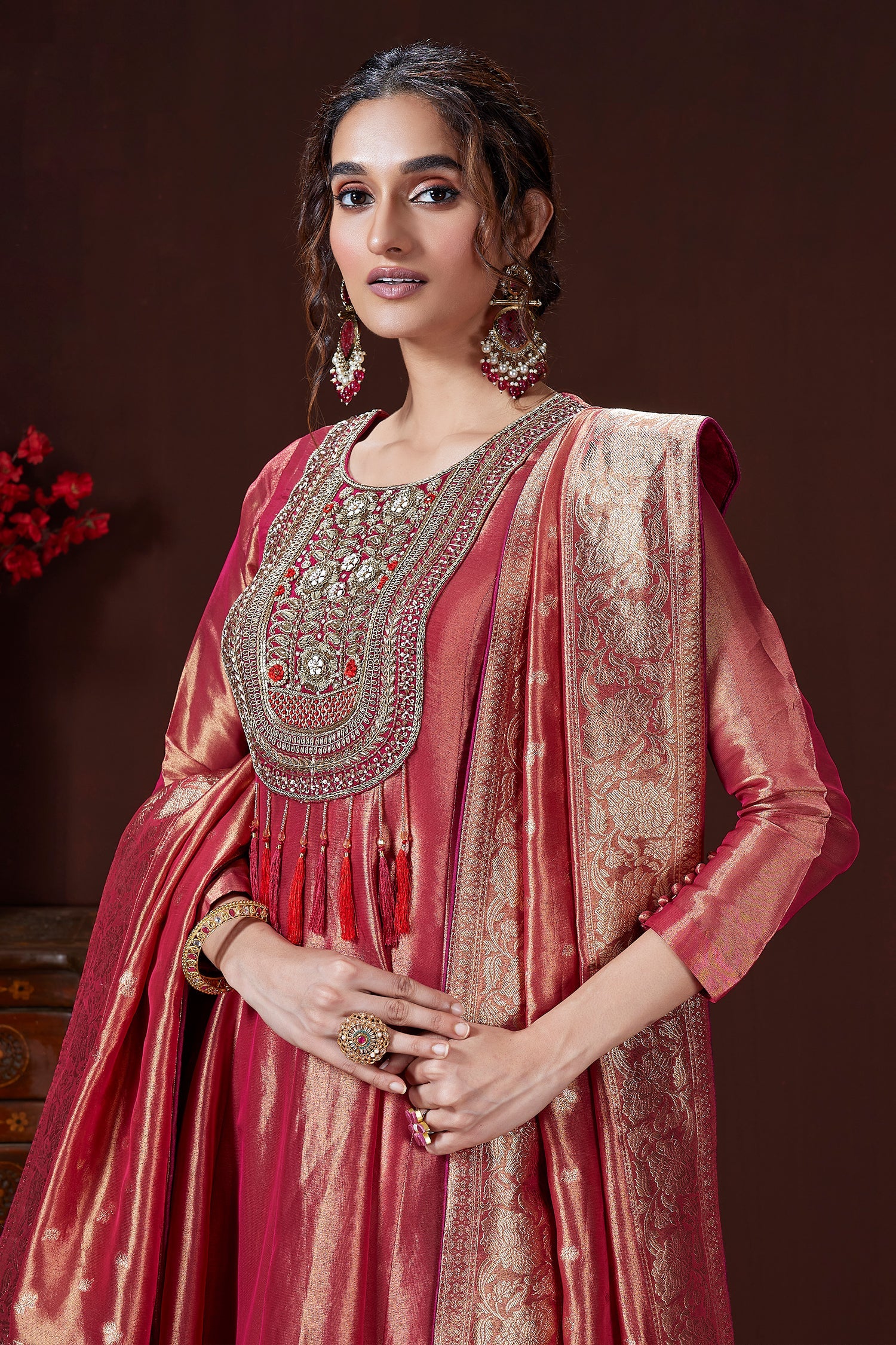 Pink Tissue Zardosi and Sequin Worked Anarkali Palazzo Suit - Image 3
