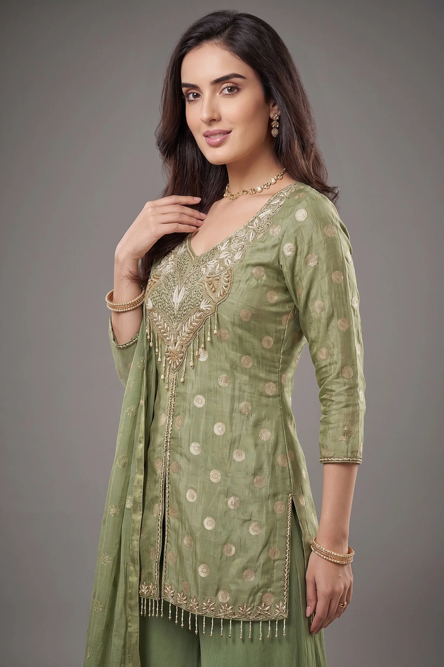 Pista Green Chinon Silk Woven and Mirror Worked Palazzo Suit - Image 2