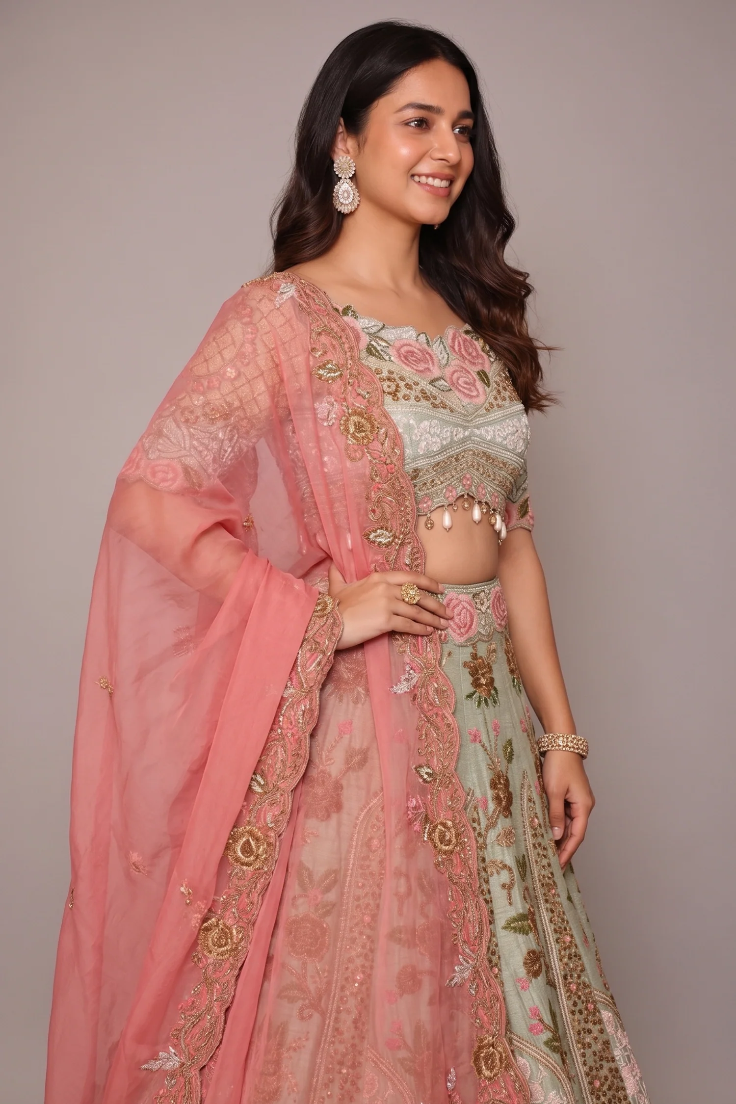 Pista Green Raw Silk Floral Resham Embroidered and Embellished Bead Work Lehenga - Image 2