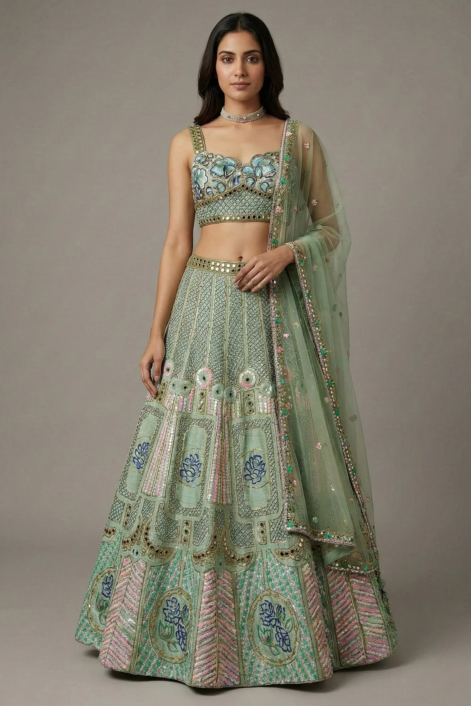 Pista Green Silk Sequin and Cutdana Worked Lehenga