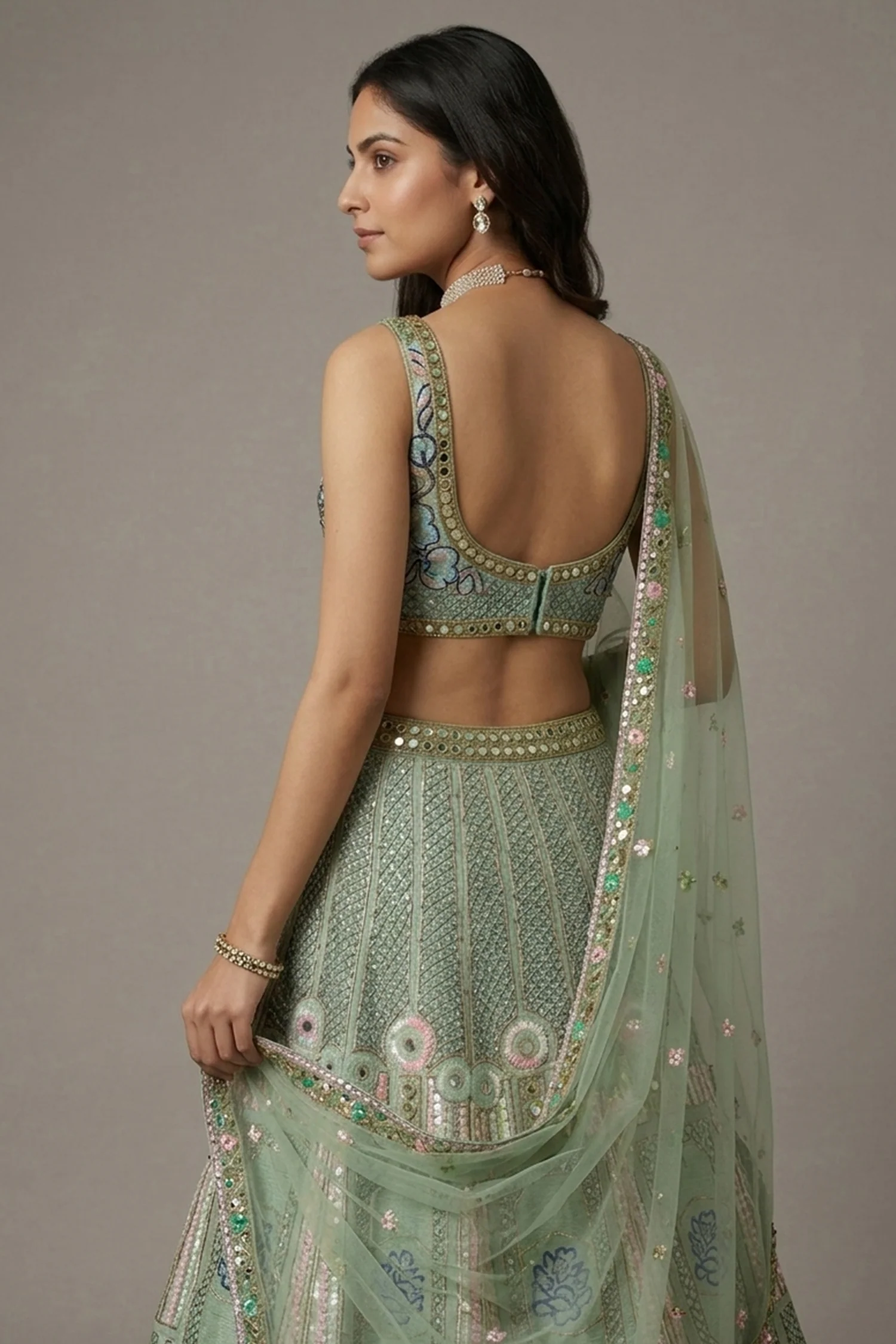 Pista Green Silk Sequin and Cutdana Worked Lehenga - Image 2