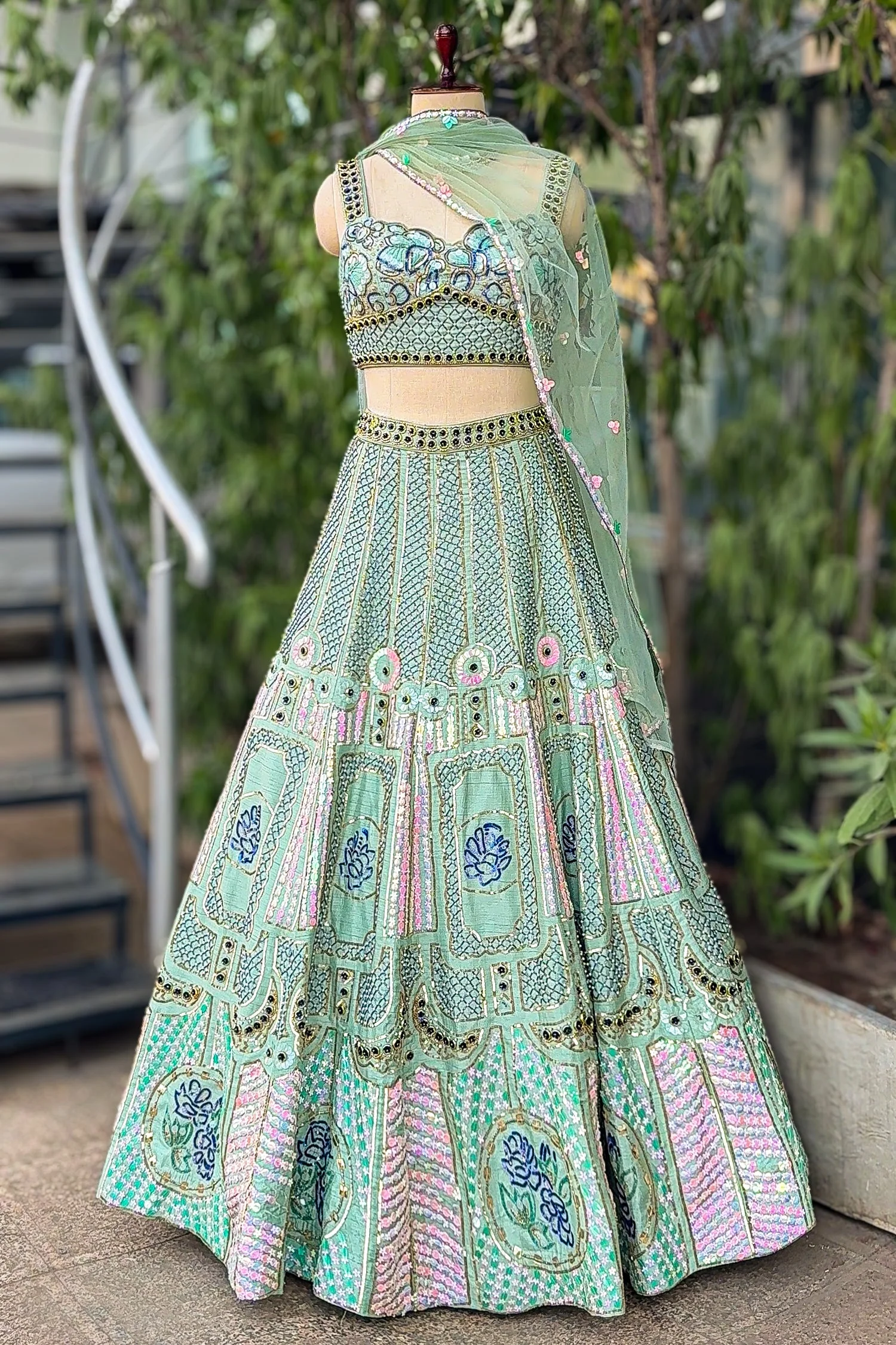 Pista Green Silk Sequin and Cutdana Worked Lehenga - Image 3