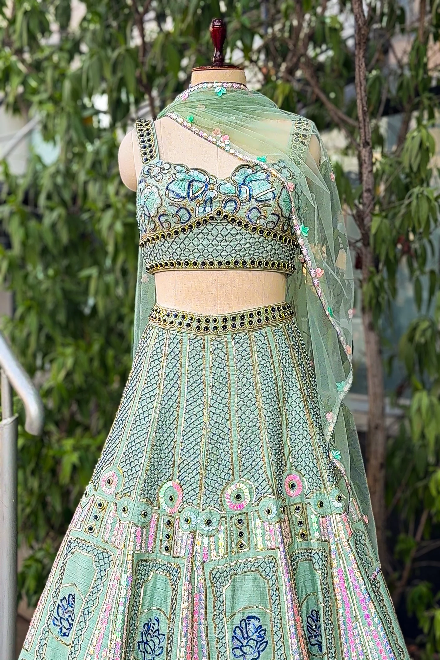 Pista Green Silk Sequin and Cutdana Worked Lehenga - Image 4