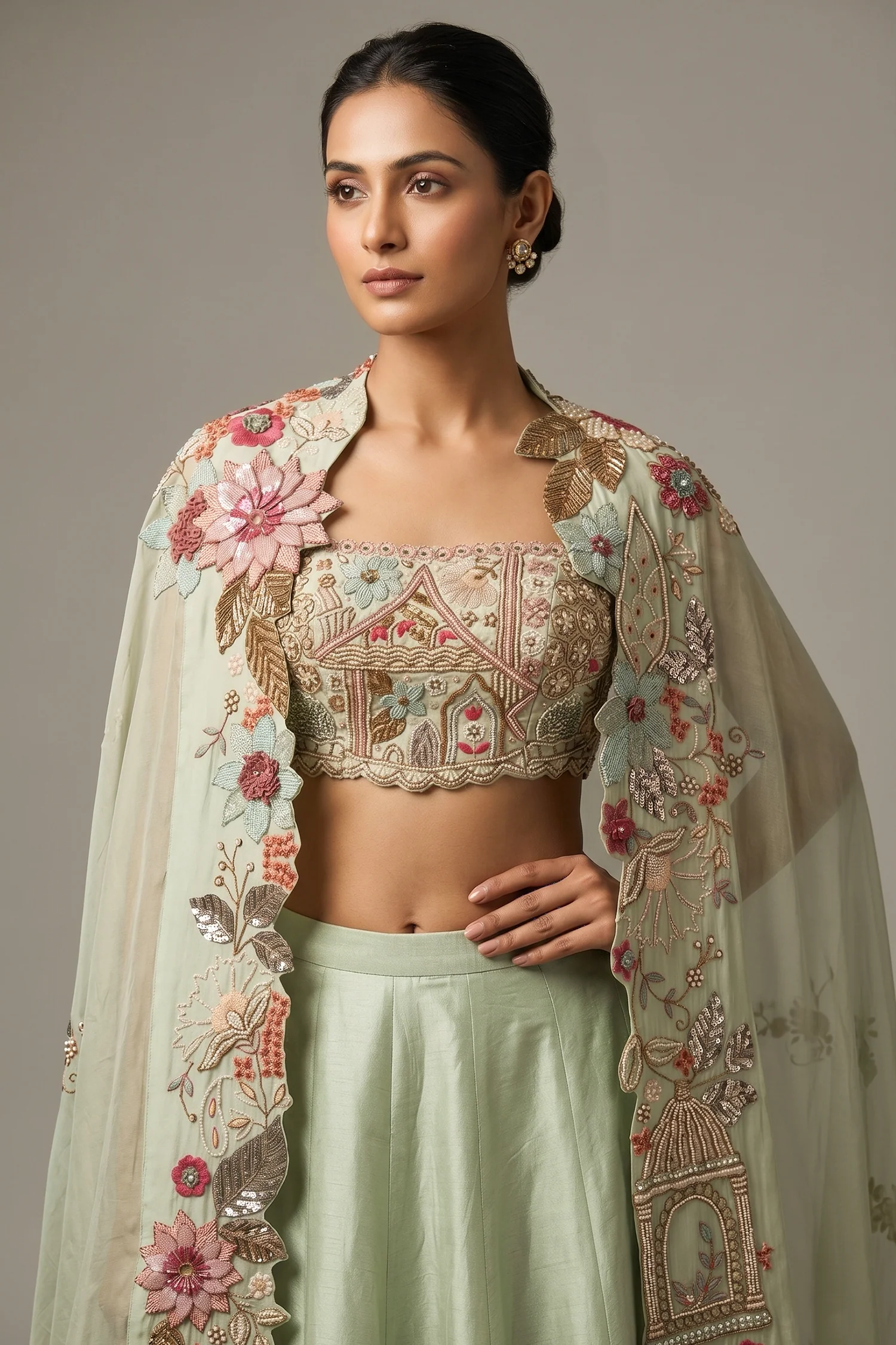 Pista Green Silk Woven Crop Top Lehenga with Handoworked Jacket - Image 2