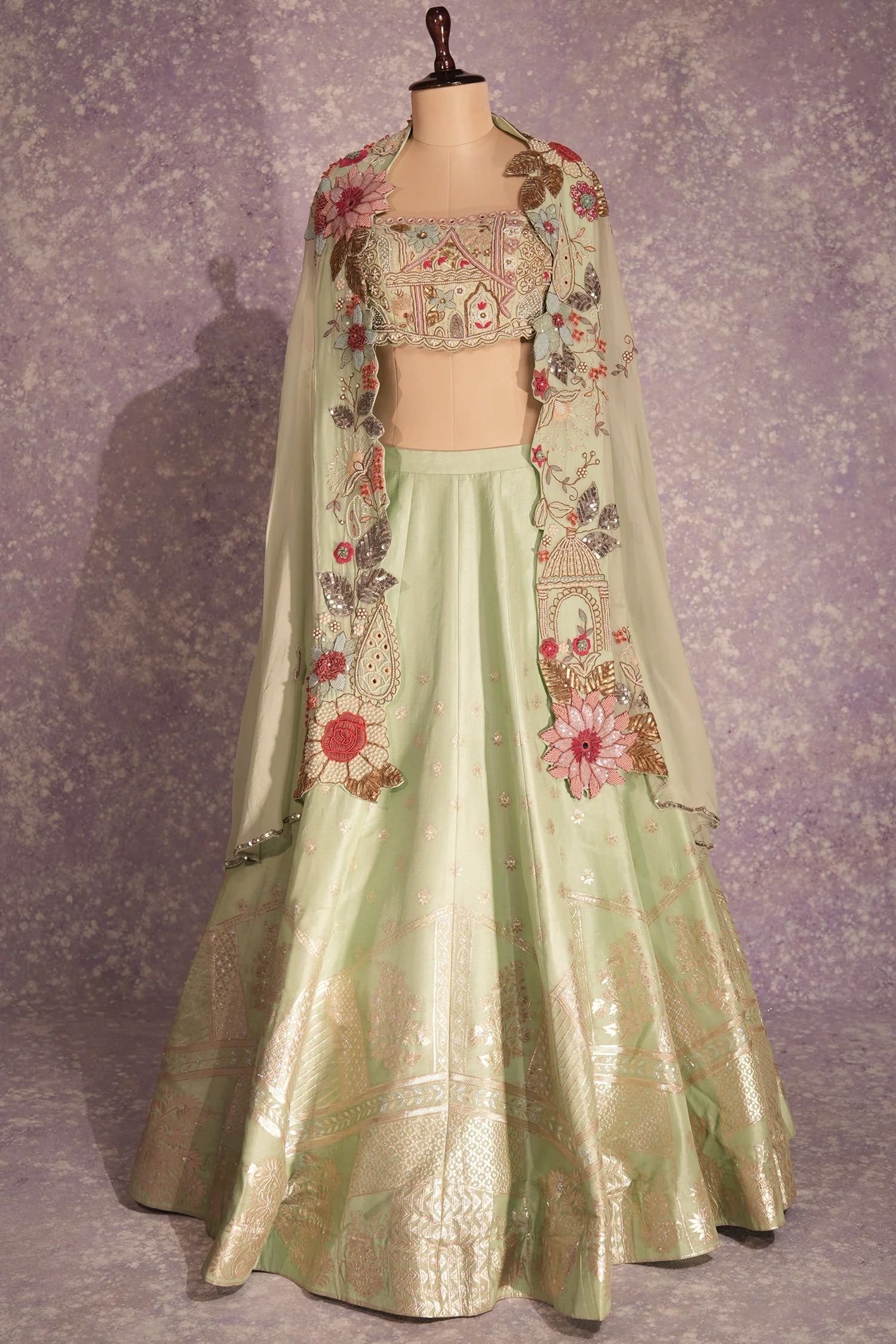Pista Green Silk Woven Crop Top Lehenga with Handoworked Jacket - Image 3