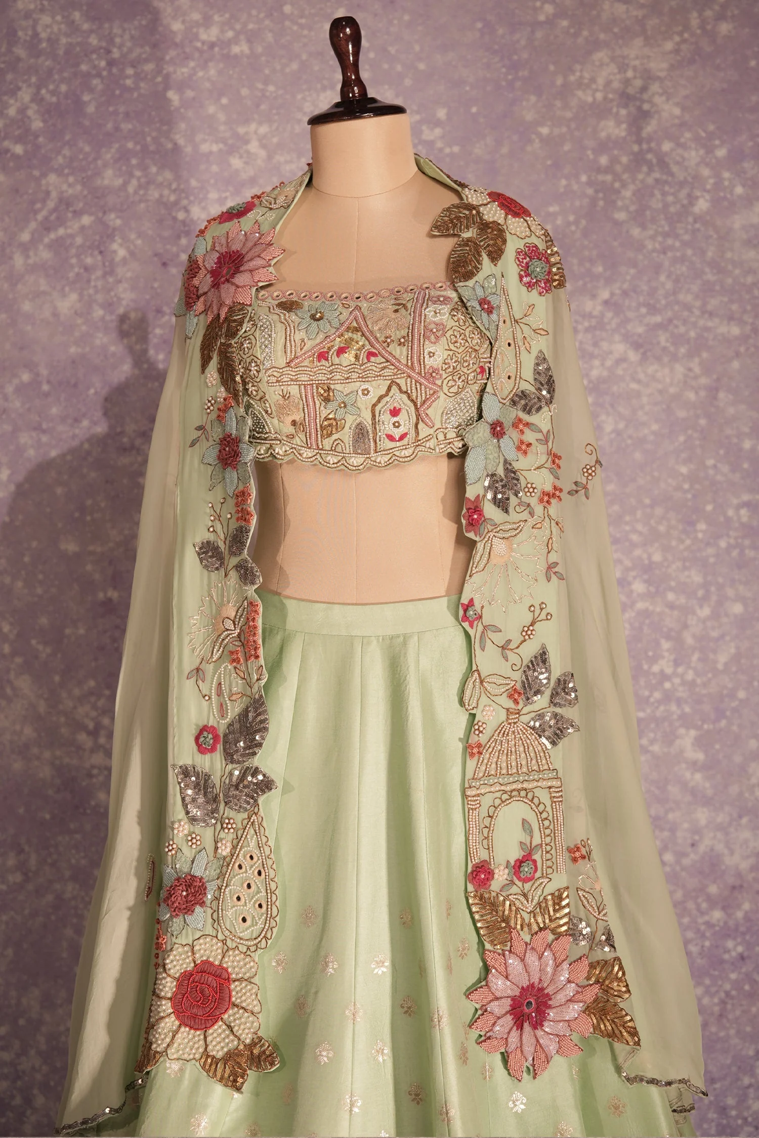 Pista Green Silk Woven Crop Top Lehenga with Handoworked Jacket - Image 4