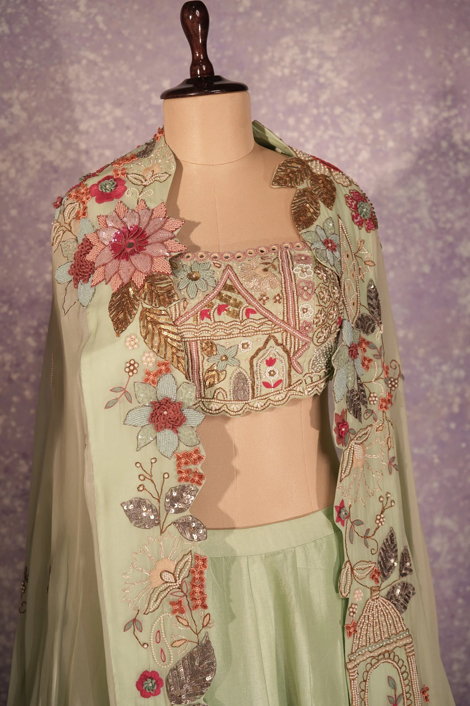 Pista Green Silk Woven Crop Top Lehenga with Handoworked Jacket - Image 5