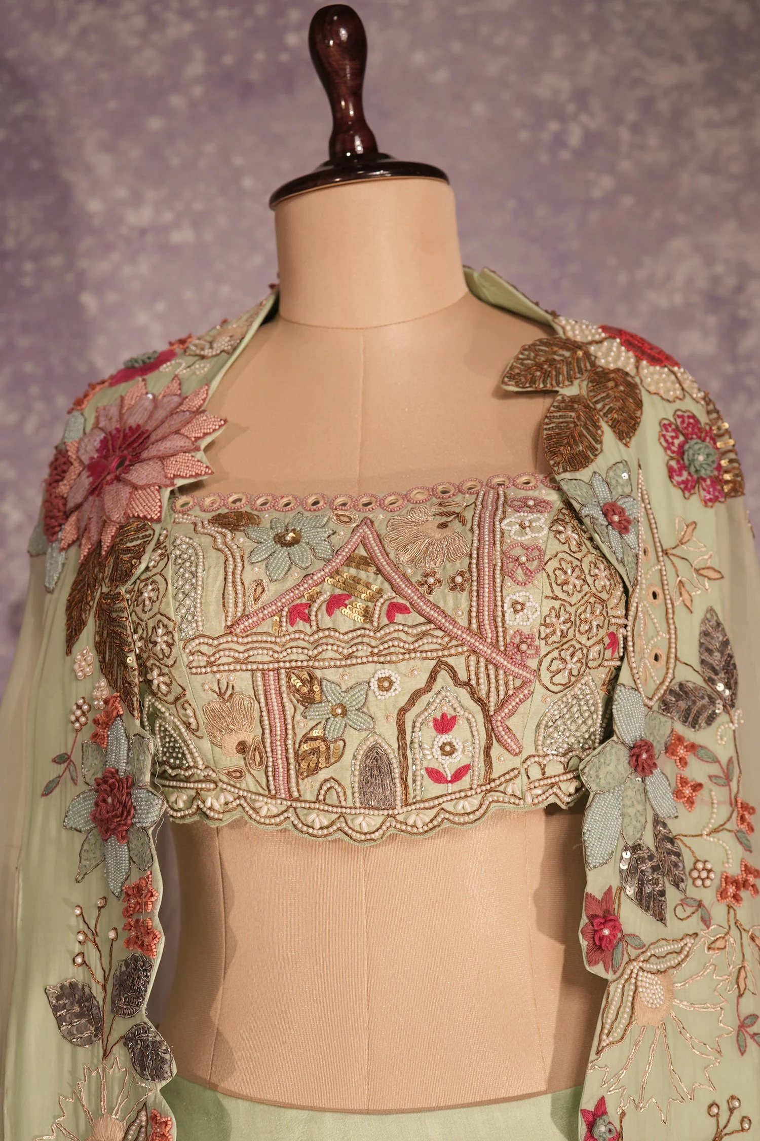 Pista Green Silk Woven Crop Top Lehenga with Handoworked Jacket - Image 6