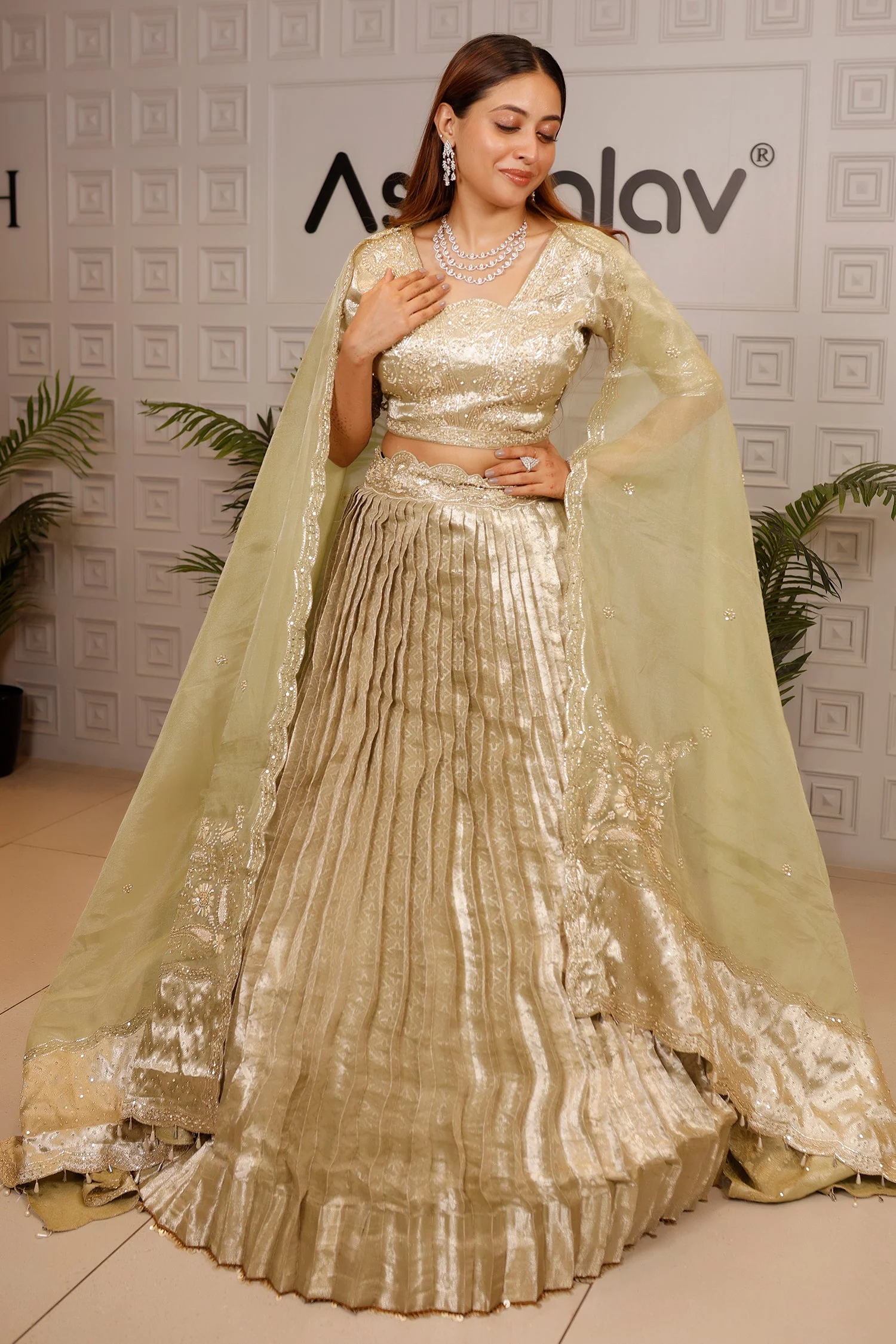 Pista Green Tissue Pleated Lehenga - Image 2