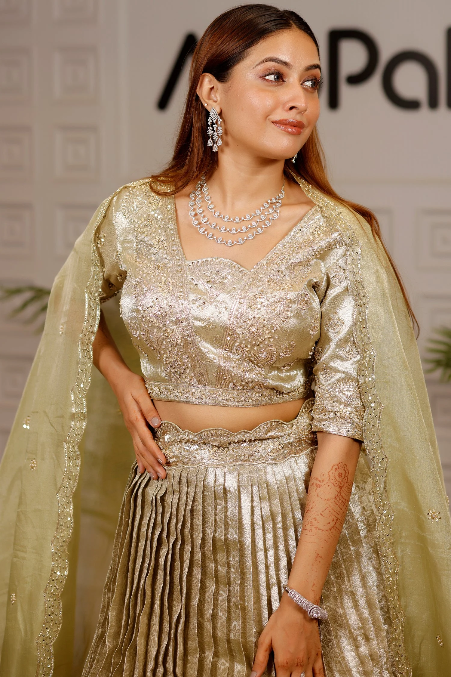 Pista Green Tissue Pleated Lehenga - Image 5