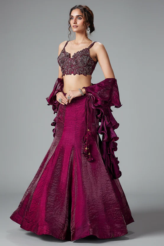 Plum Purple Crush Tissue Silk Mermaid Lehenga with Handworked Corset Blouse