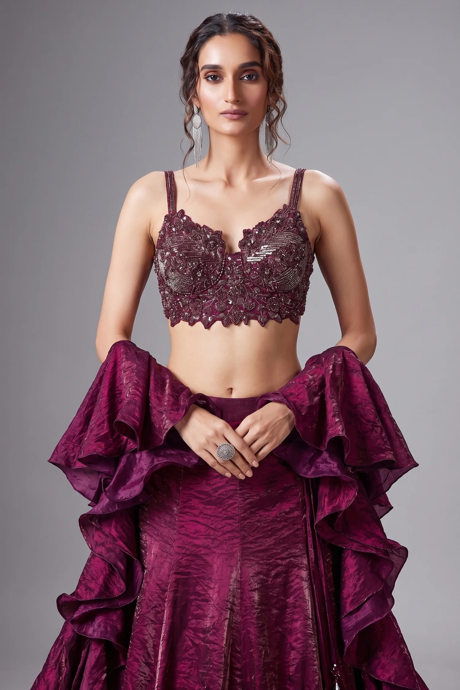 Plum Purple Crush Tissue Silk Mermaid Lehenga with Handworked Corset Blouse - Image 2