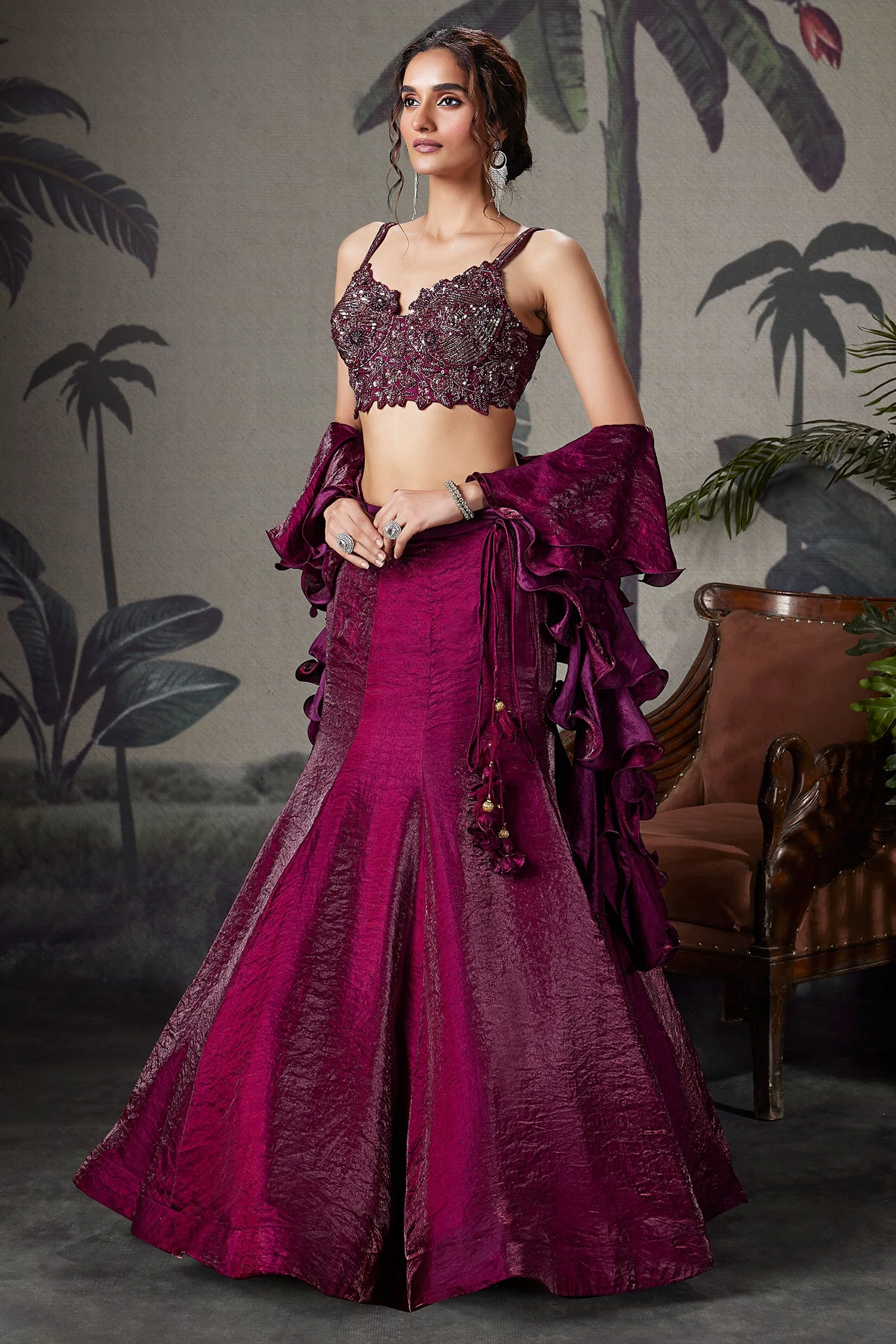 Plum Purple Crush Tissue Silk Mermaid Lehenga with Handworked Corset Blouse - Image 3