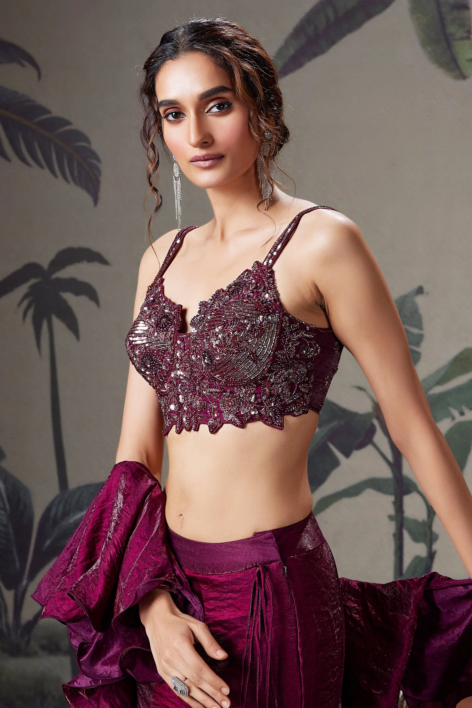 Plum Purple Crush Tissue Silk Mermaid Lehenga with Handworked Corset Blouse - Image 4