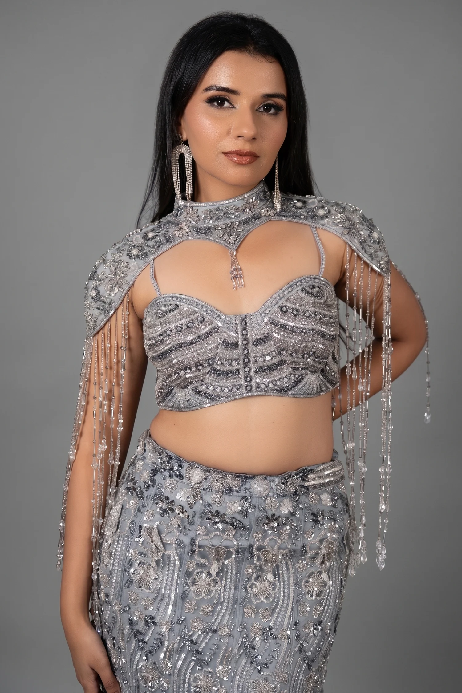 Powder Blue Net Fish Cut Designer Cutdana Sequin Worked Lehenga with Embellished Cape Blouse - Image 2