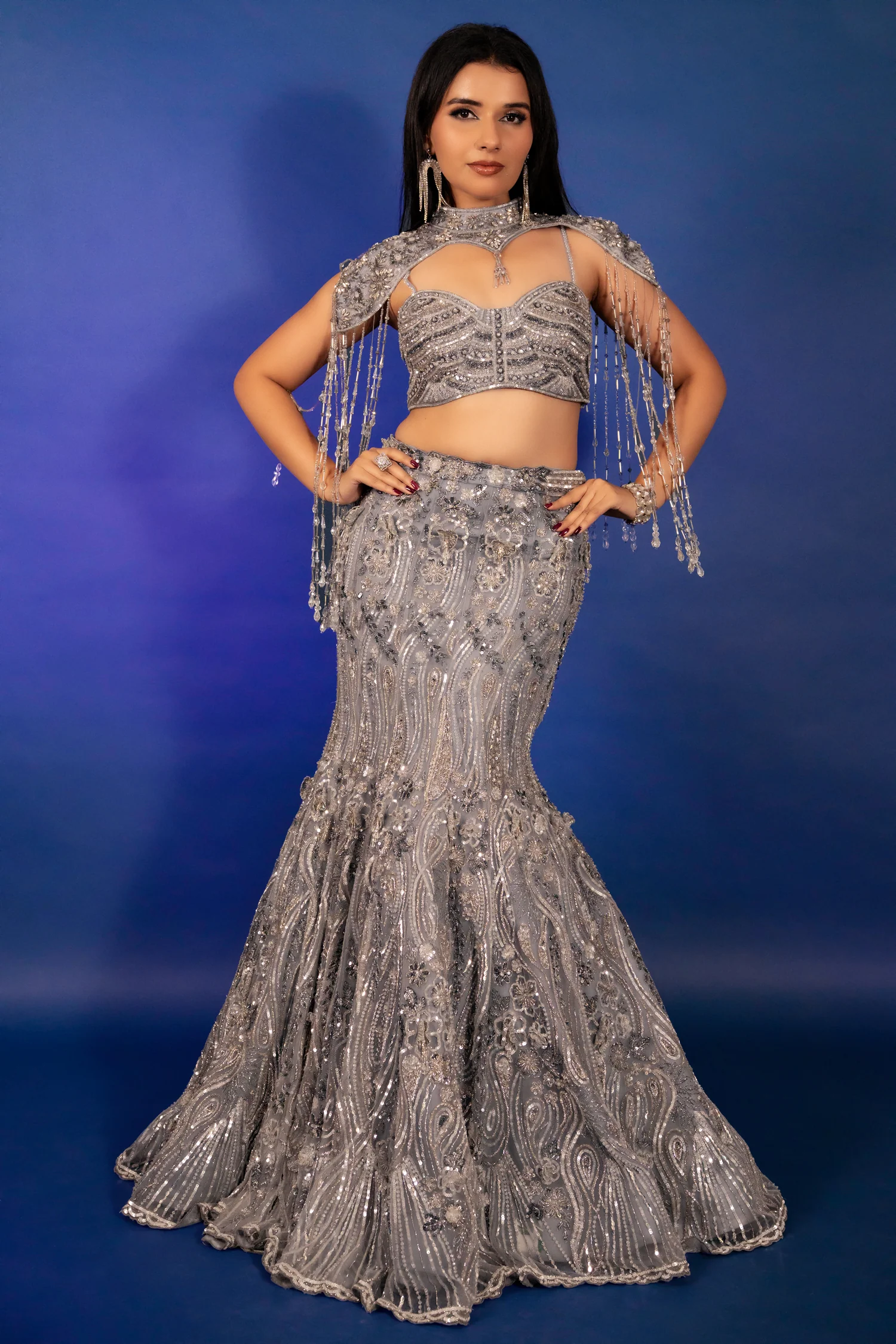 Powder Blue Net Fish Cut Designer Cutdana Sequin Worked Lehenga with Embellished Cape Blouse - Image 3